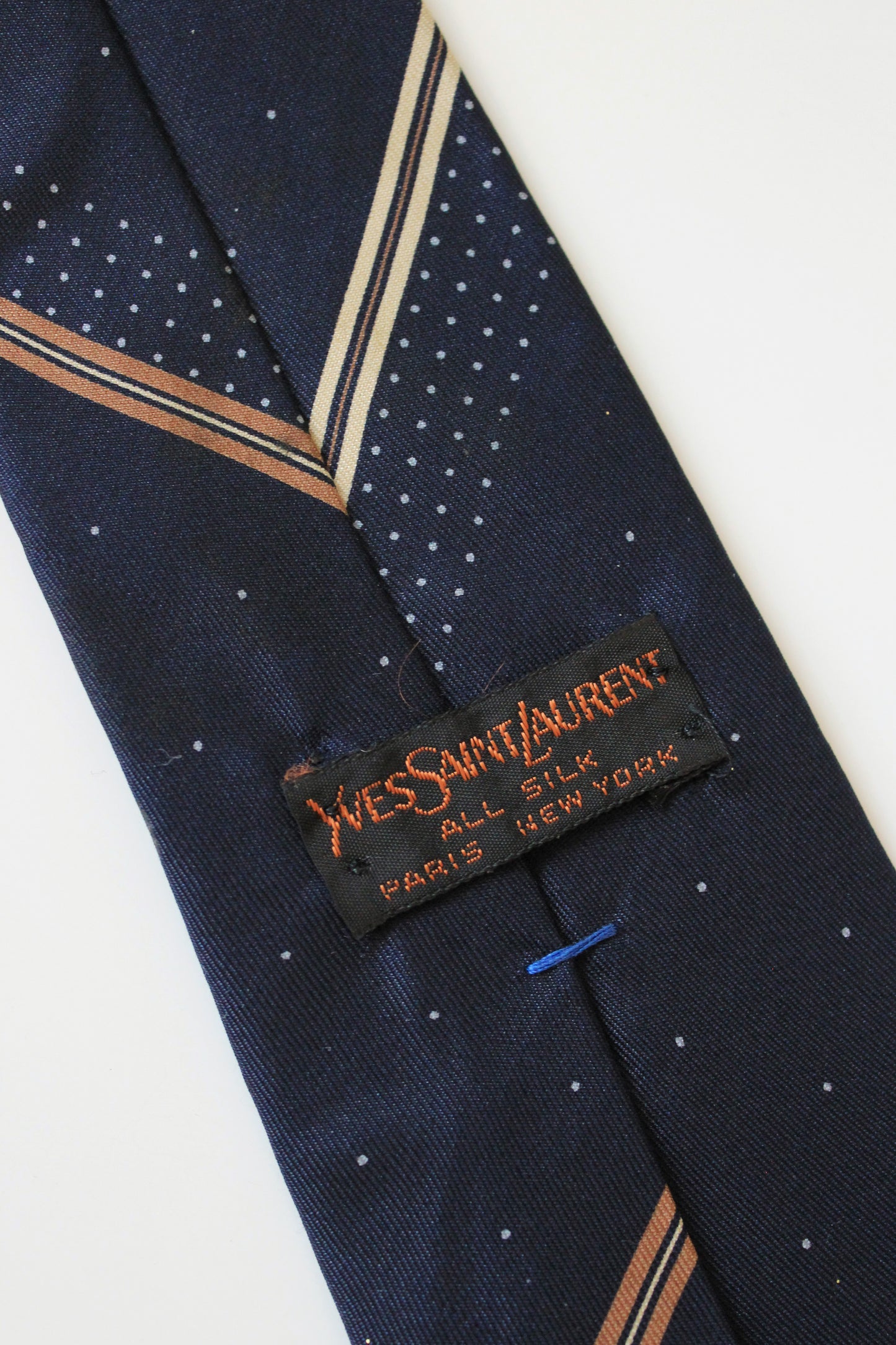 1980s YSL blue Plaid Silk Designer Tie With Small Polka Dots