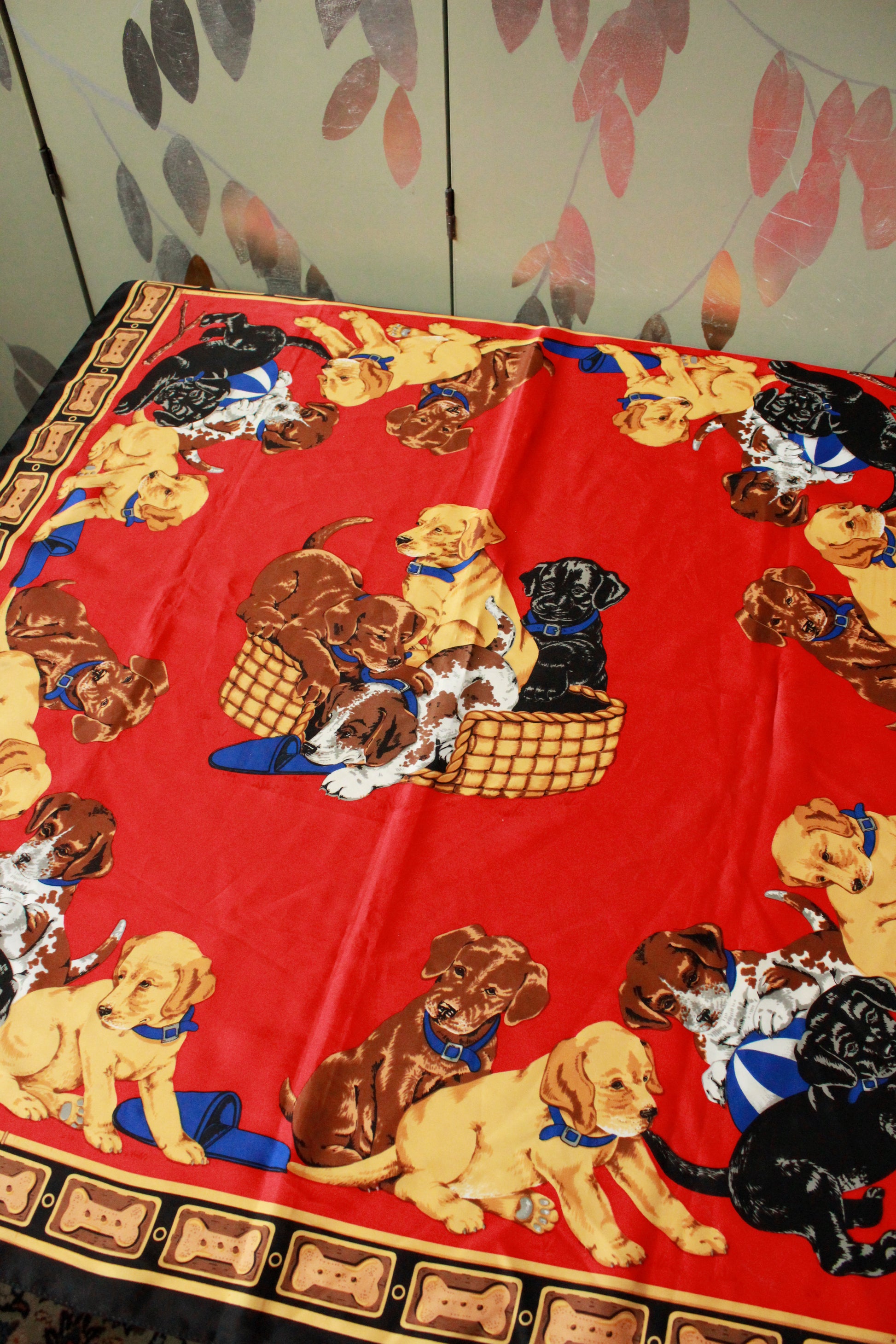 Elegant Red and Gold Puppies In A Basket Silk Scarf