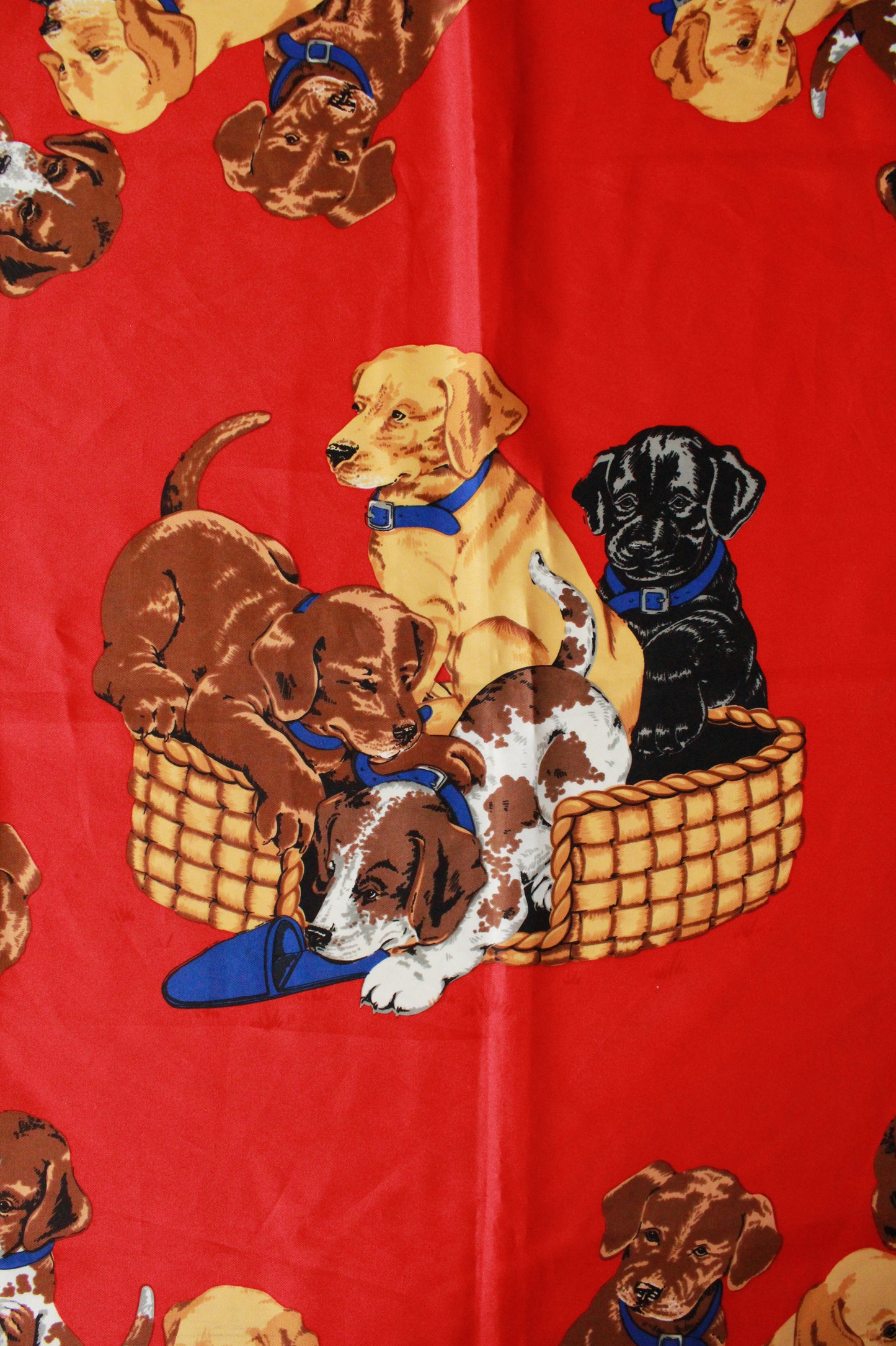 Elegant Red and Gold Puppies In A Basket Silk Scarf