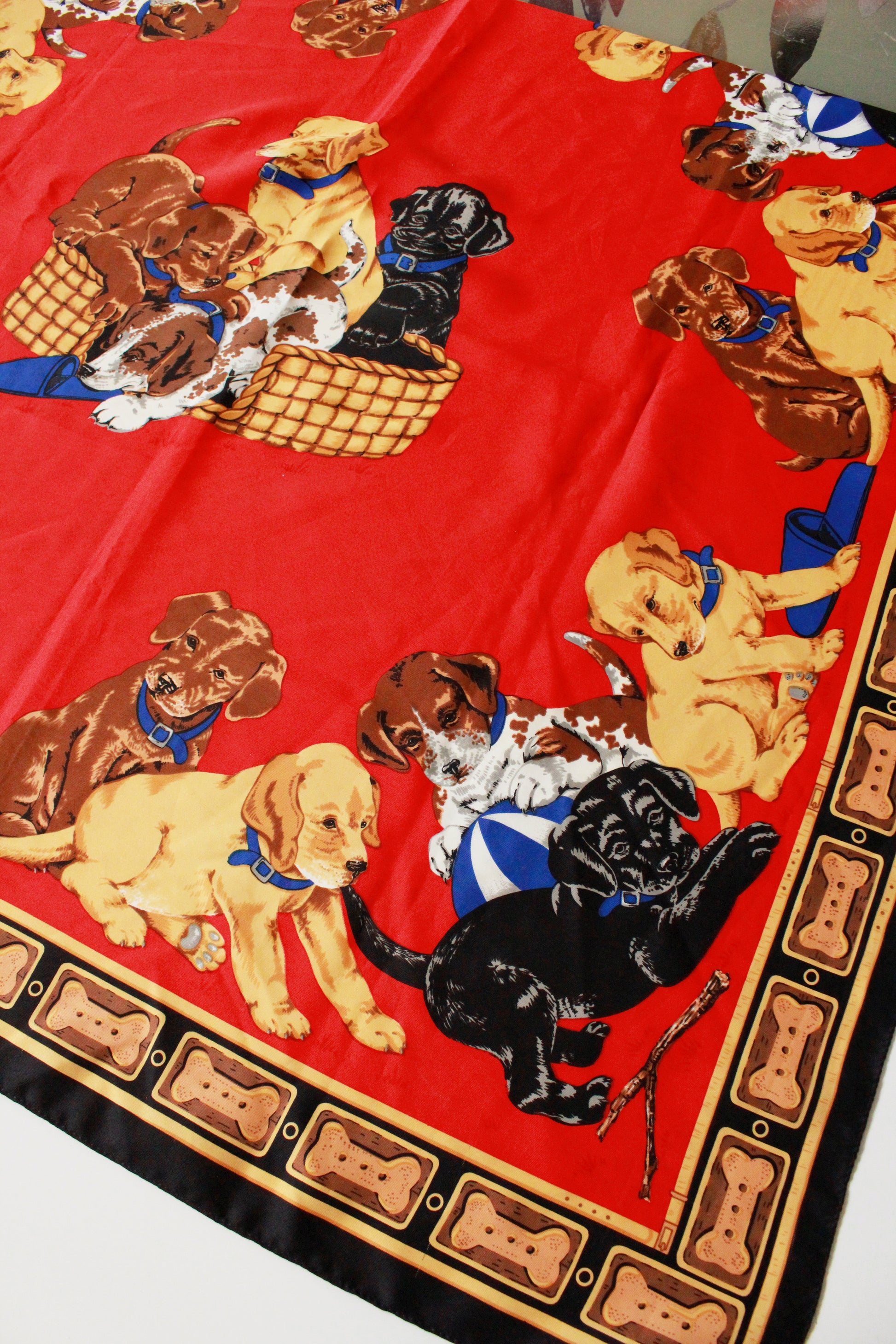 Elegant Red and Gold Puppies In A Basket Silk Scarf