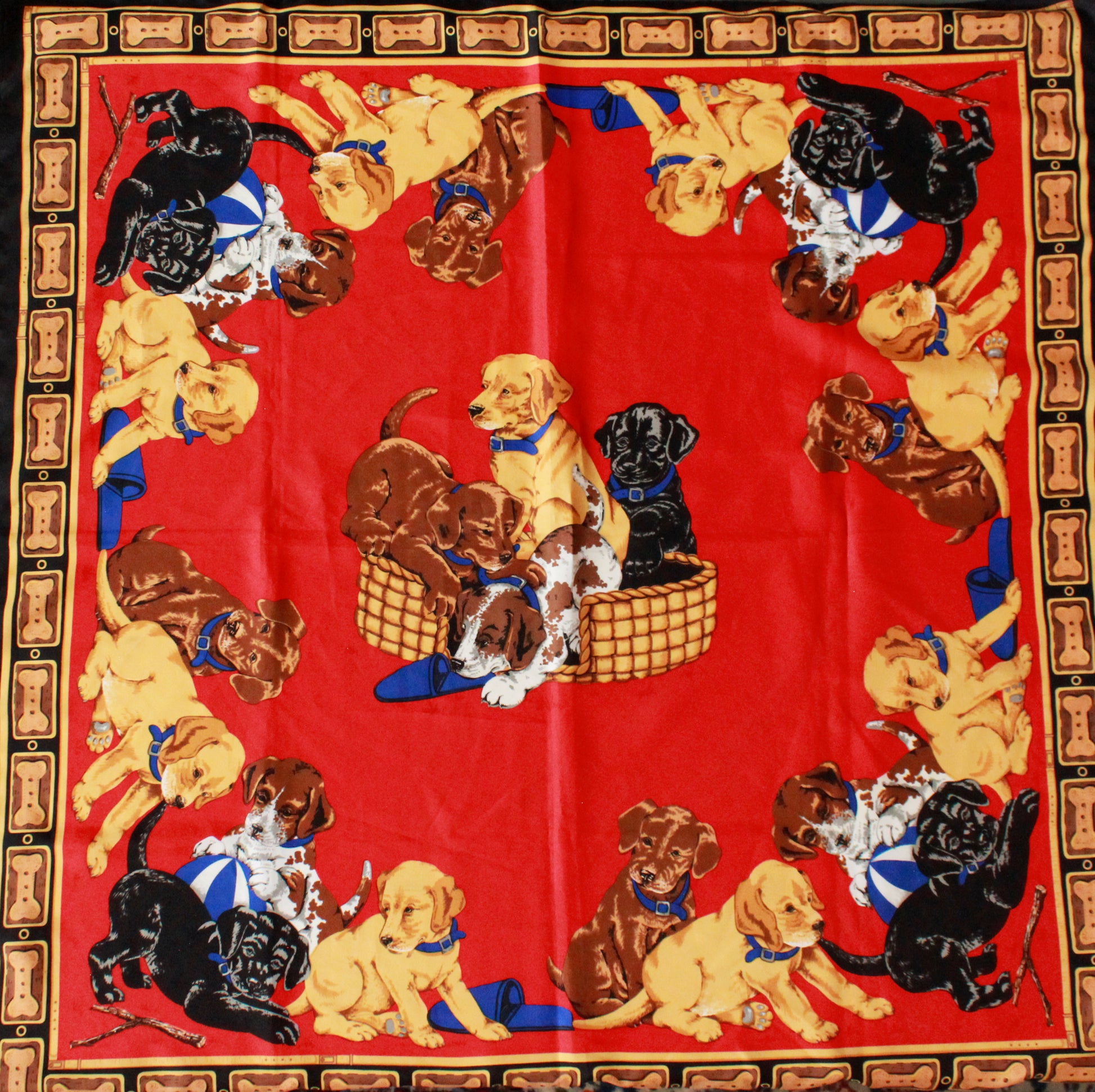 Elegant Red and Gold Puppies In A Basket Silk Scarf