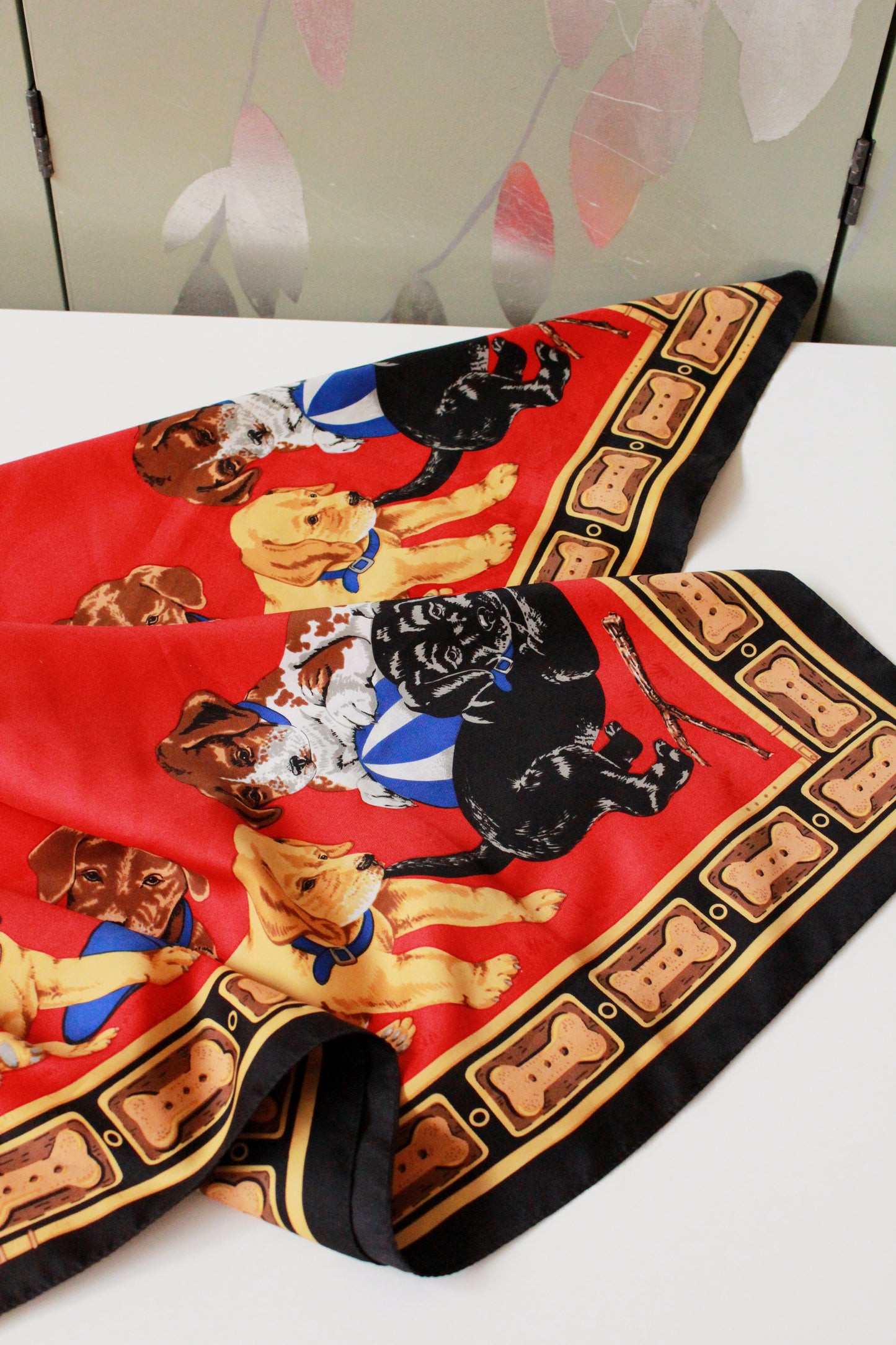 Elegant Red and Gold Puppies In A Basket Silk Scarf