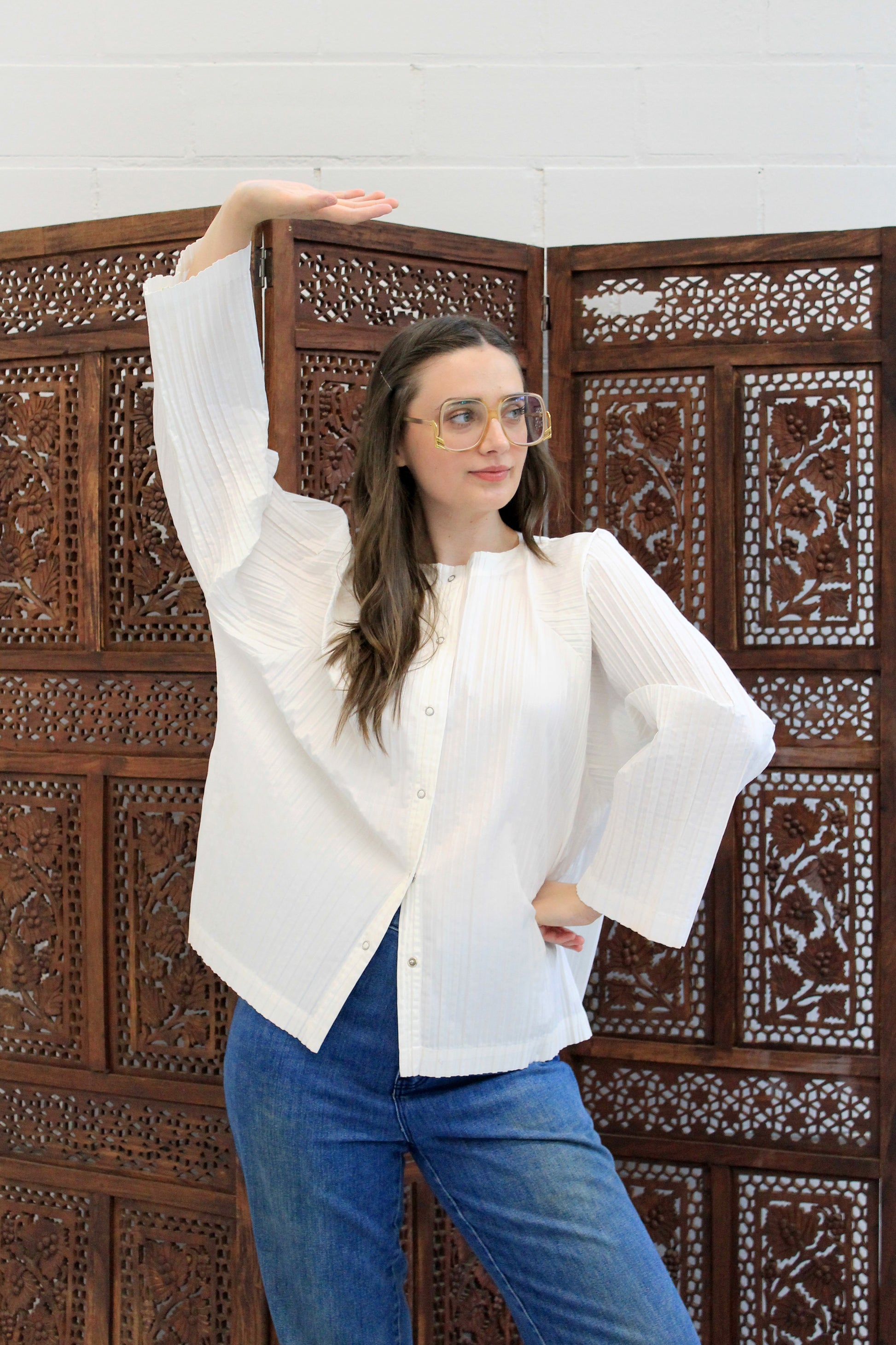 Vintage 1980s Issey Miyake White Pleated Snap Front Shirt, Medium