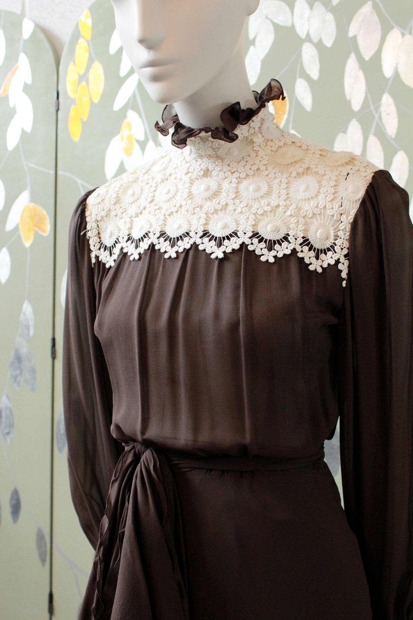 Vintage 1970s Brown PAULE NELSON Silk Chiffon Dress, Edwardian Inspired, XXS