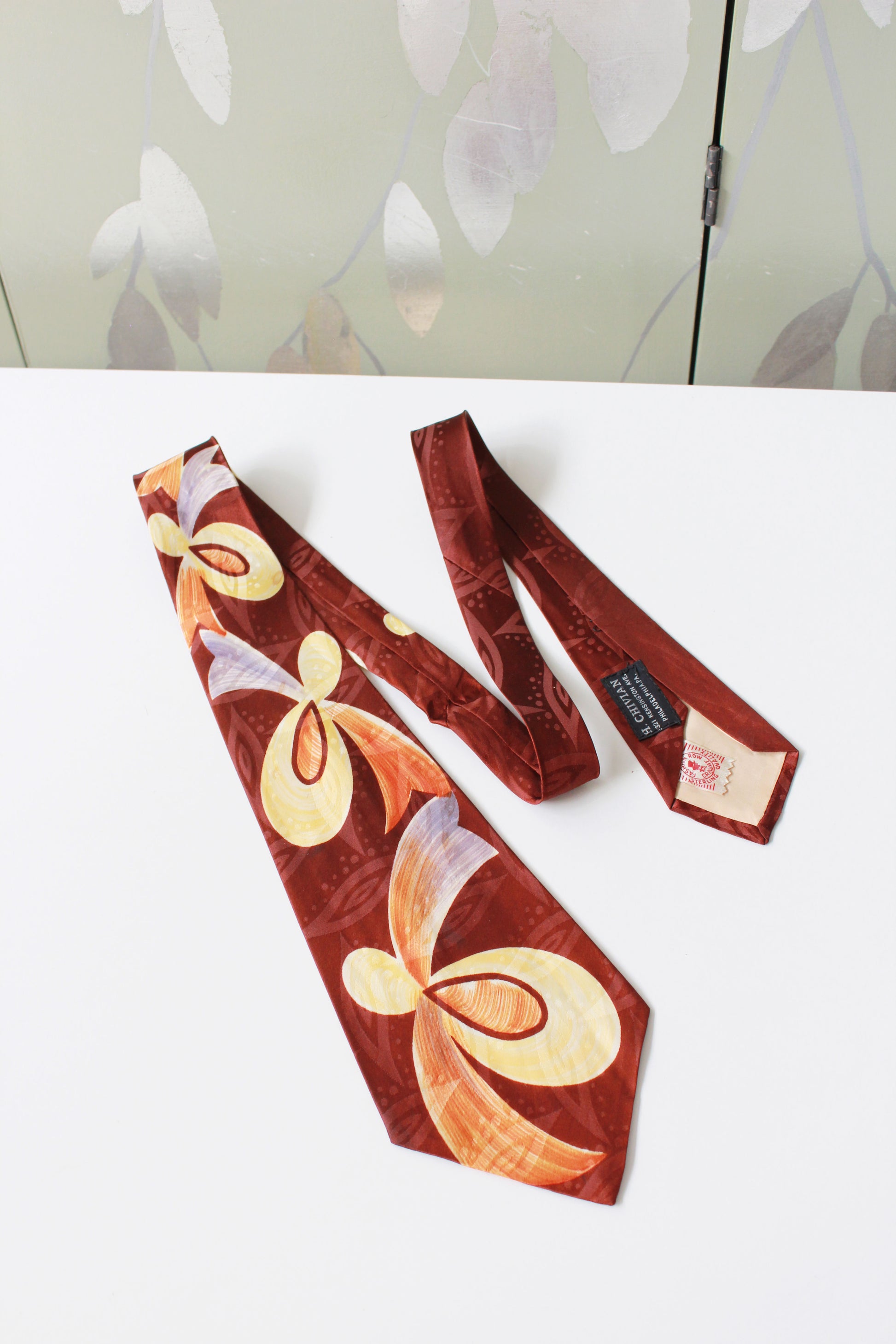 Vintage 1950s Brown Yellow And Orange Swirl Mid Century Tie