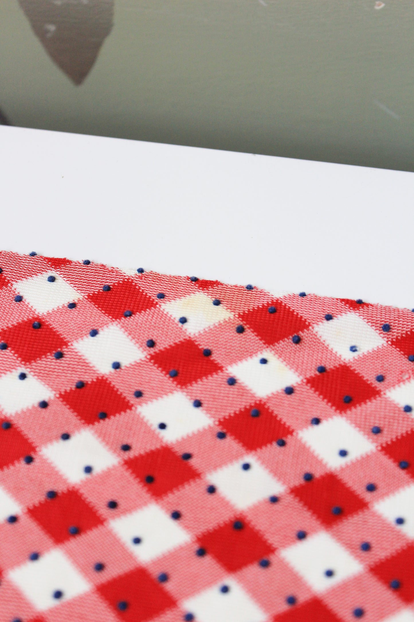 1960s Red And White Checkered Plaid With Blue Polka Dots Nylon Vintage Print Fabric, 3.8 Yards