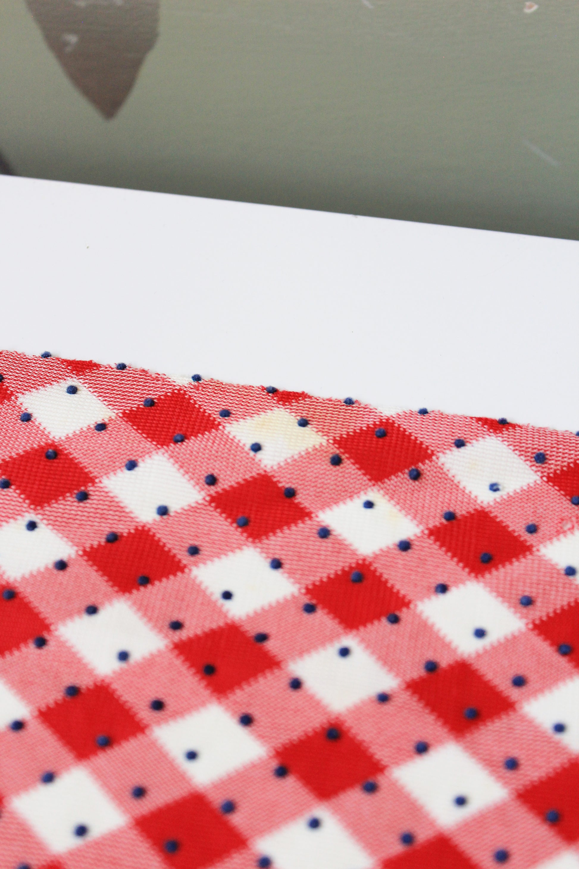 1960s Red And White Checkered Plaid With Blue Polka Dots Nylon Vintage Print Fabric, 3.8 Yards