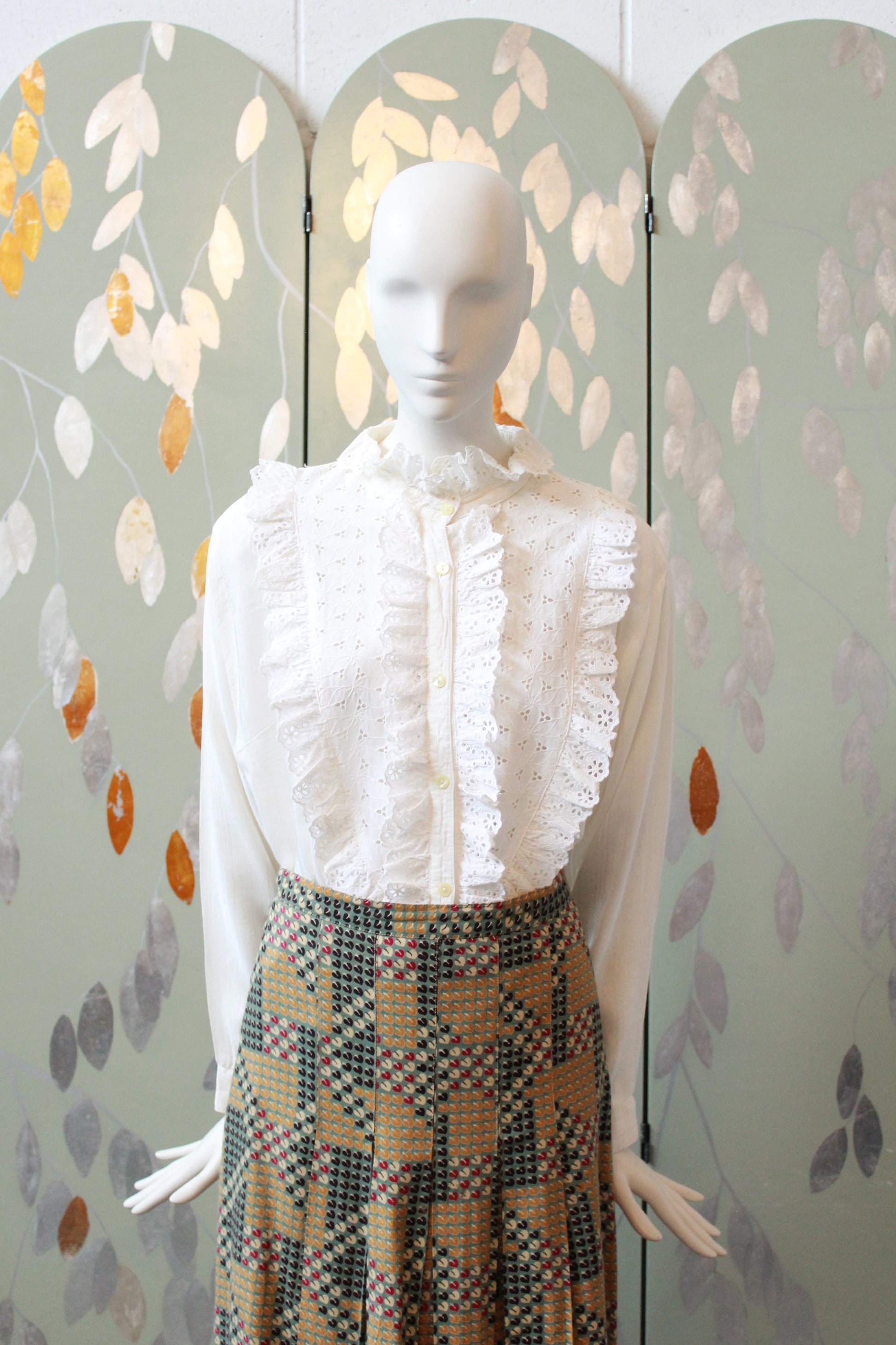 1990s Long Sleeve Blouse With Oversized Ruffle Broderie Yoke, XL