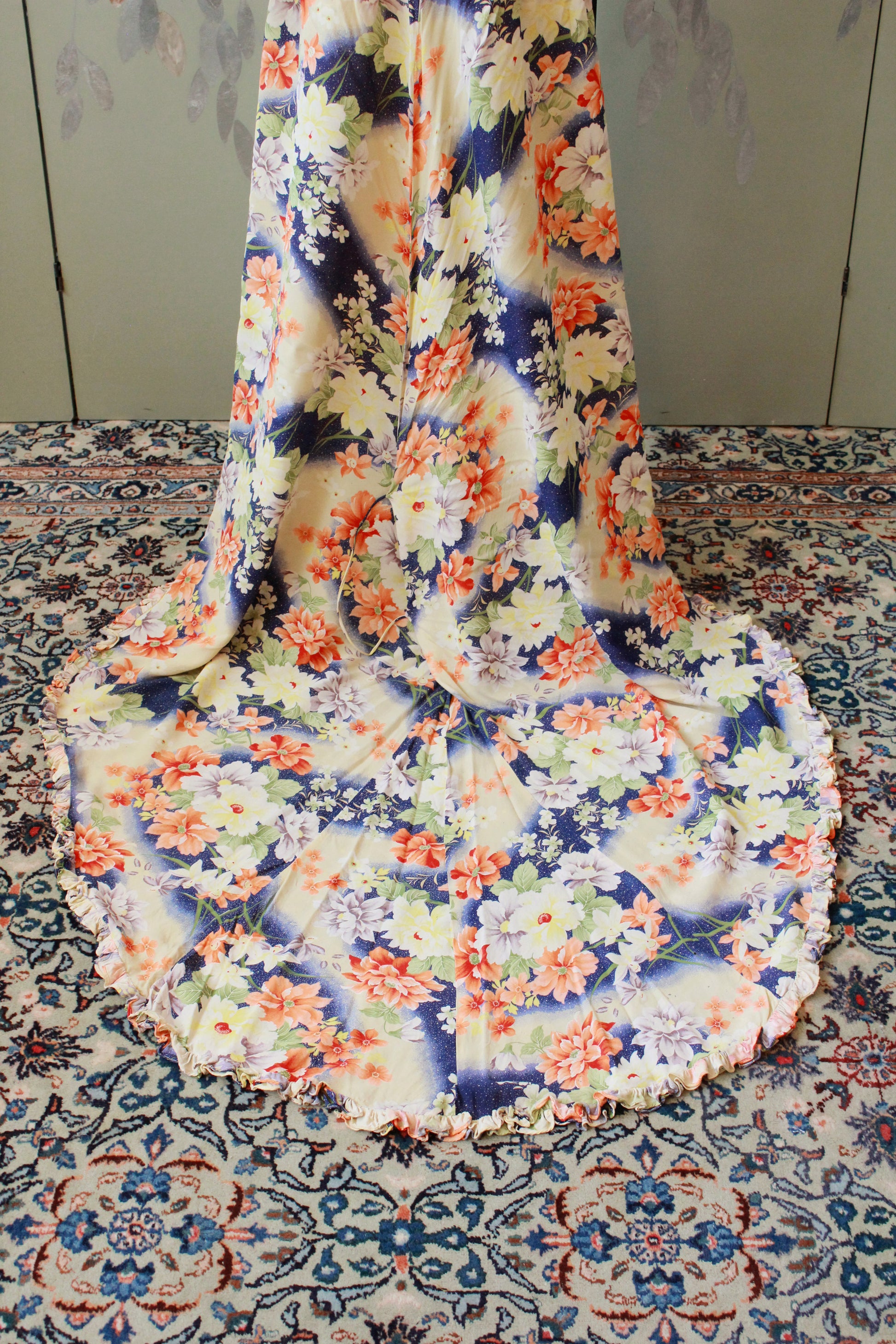 1930s Bias Cut Yellow And Orange Floral Gown With Train, Small