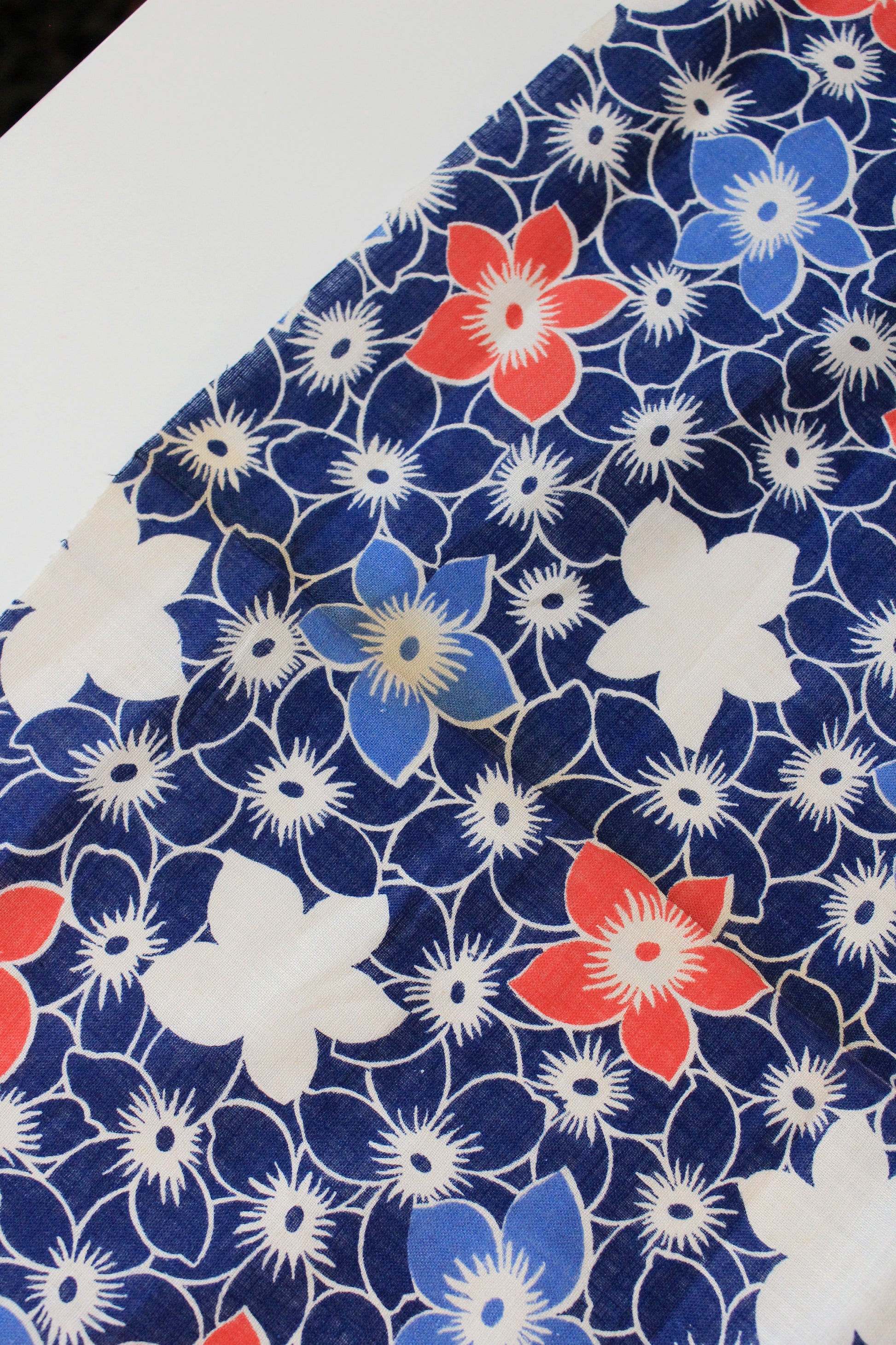 1940s Blue/White/Orange Repeating Flower Cotton Fabric, 6.75 Yards