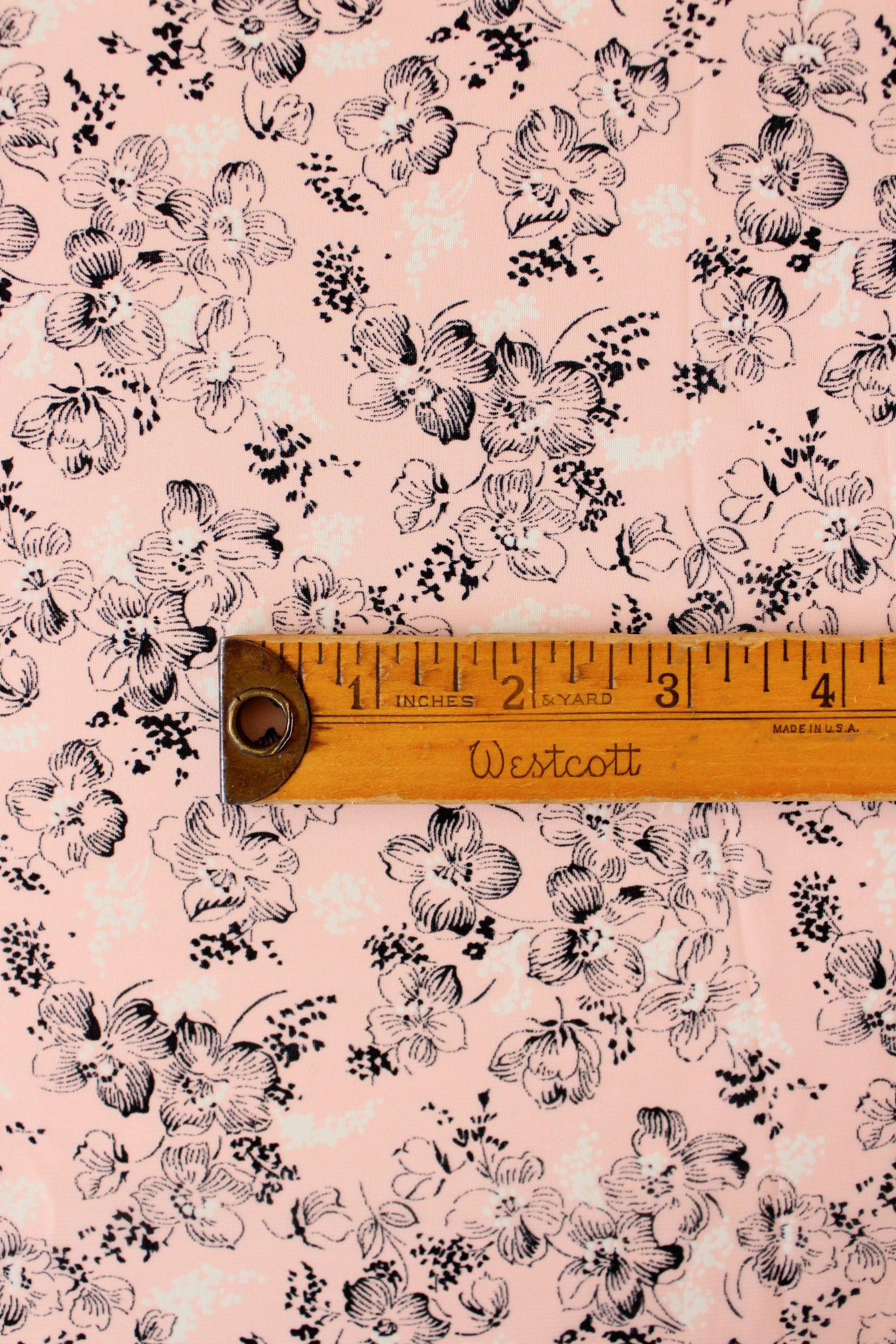 1940s Pink With Black And White Flowers Rayon Fabric, 3.5 Yards