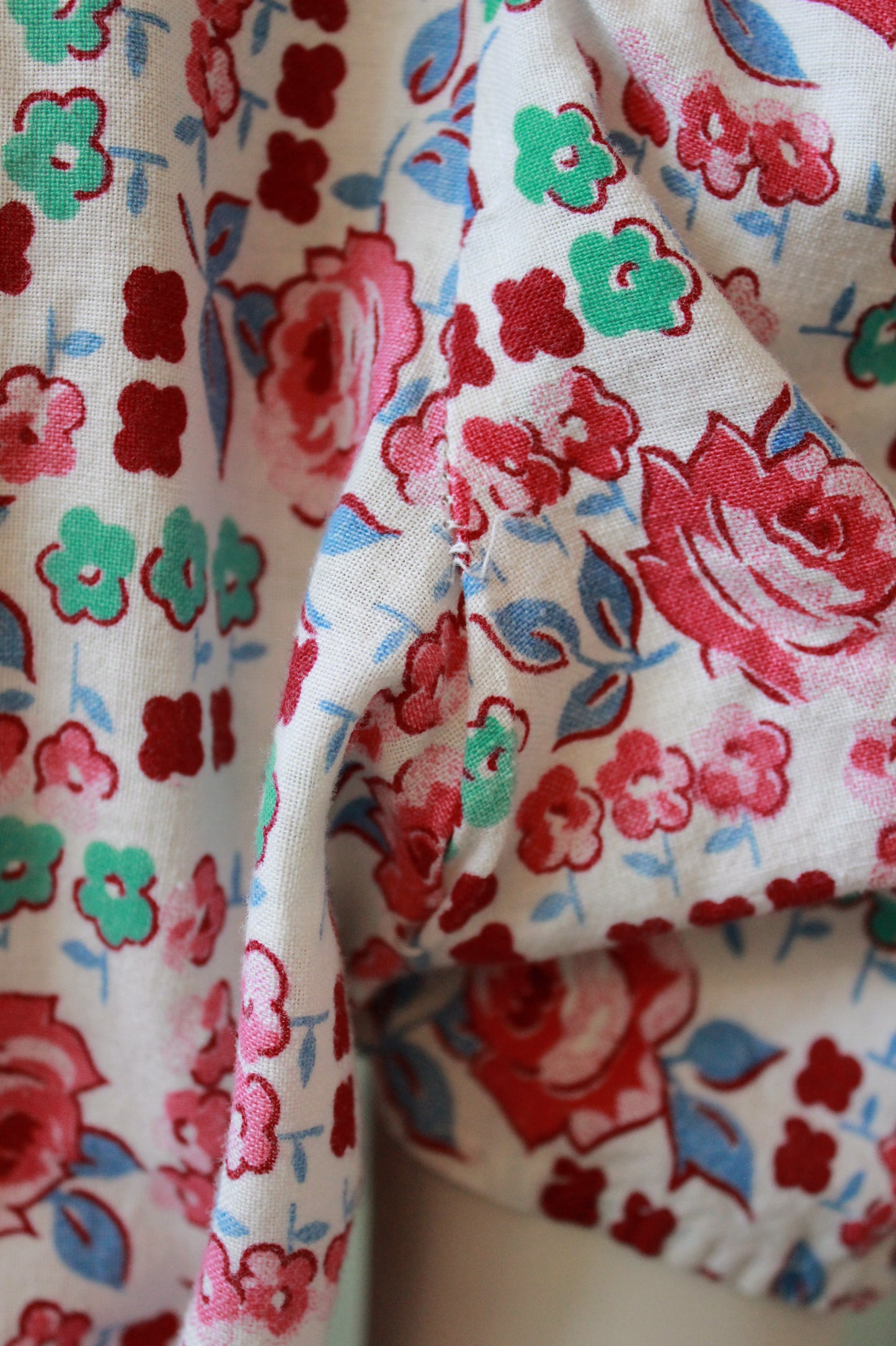 1940s  Floral Cotton Wrap House Dress With Embroidery, Medium