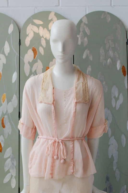 Antique 1910-1920s Pink Sheer Silk Chiffon Blouse