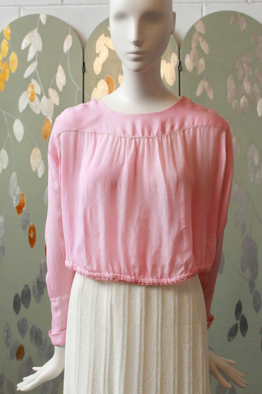 Antique Pink Edwardian Silk Long Sleeve Blouse, Buttons on shoulder, S/M