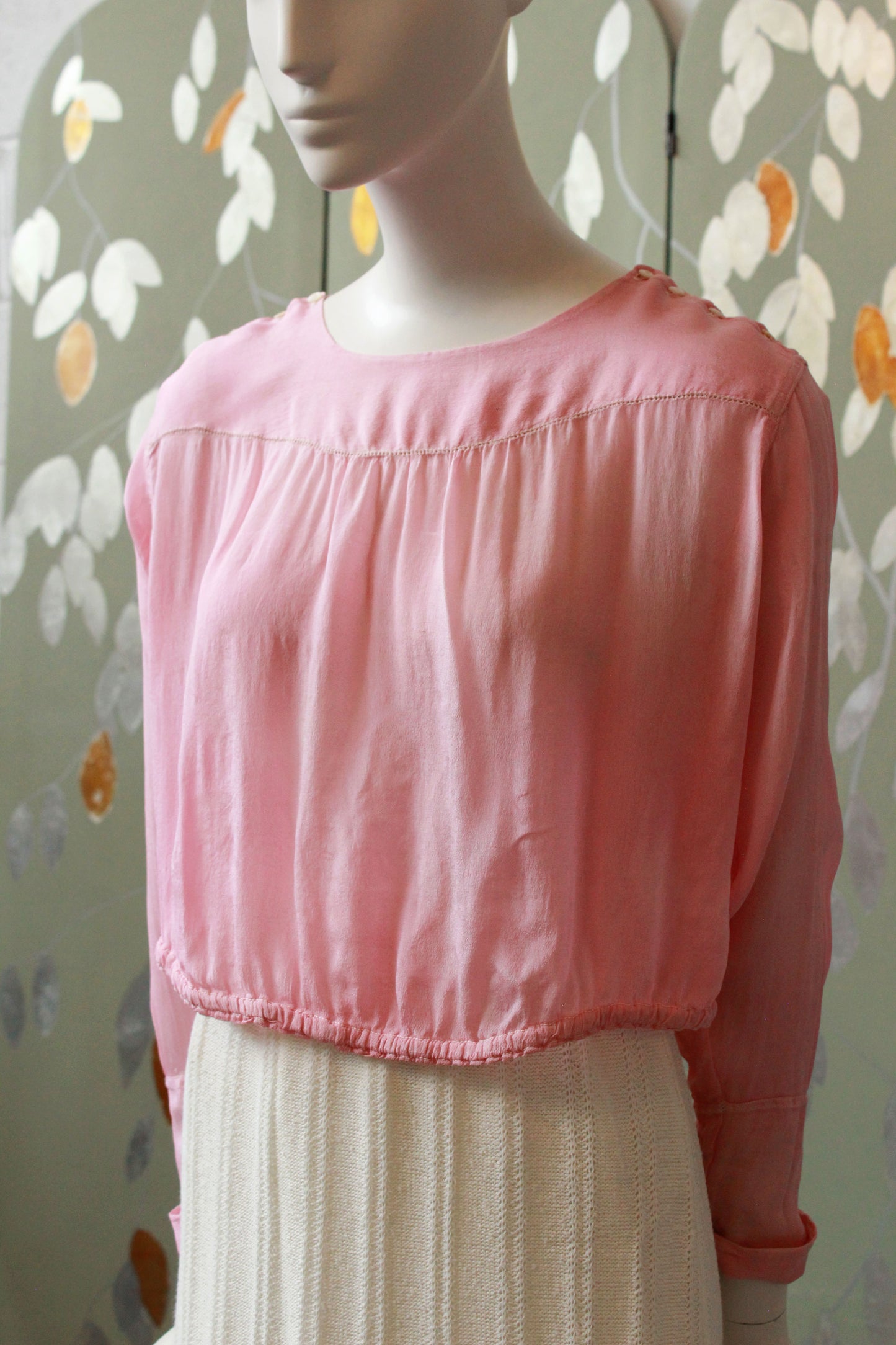 Antique Pink Edwardian Silk Long Sleeve Blouse, Buttons on shoulder, S/M