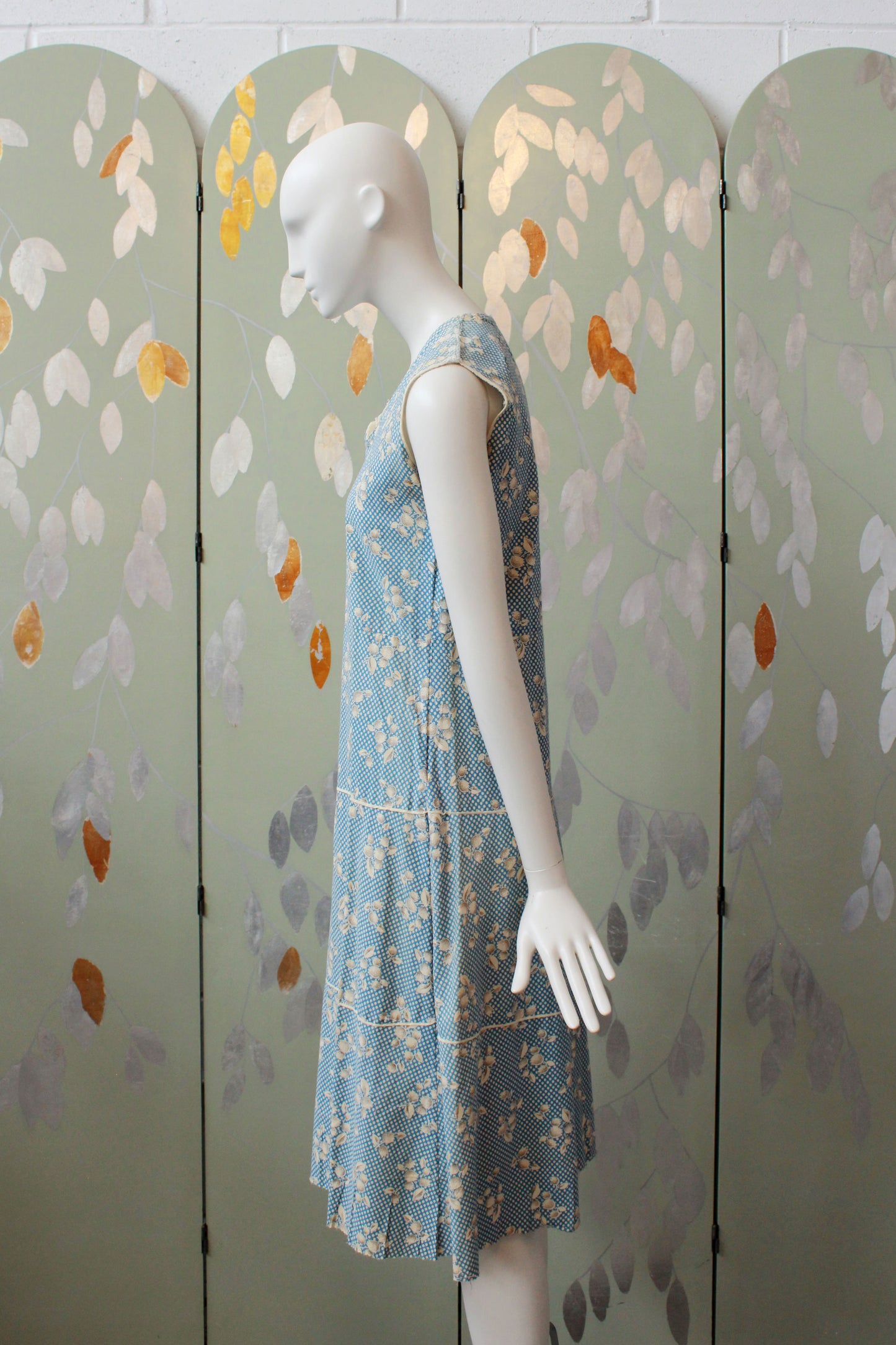 1920s Sleeveless Polka Dot Floral Dress, Daytime Flapper Dress