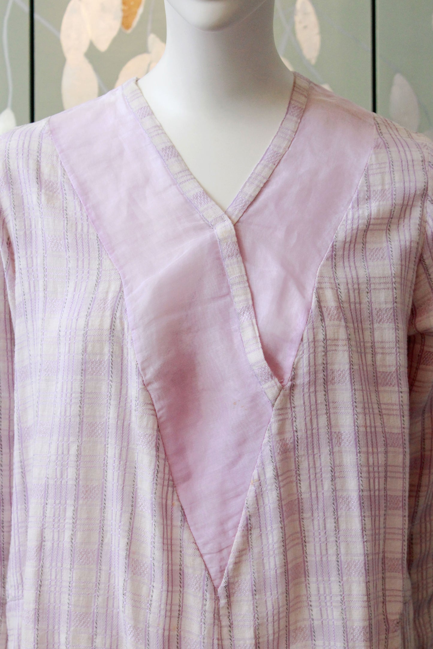 1920s Lavender Check Weave Dress, V -Neck Collar Summer Day Dress, Purple Plaid, Medium As-Is