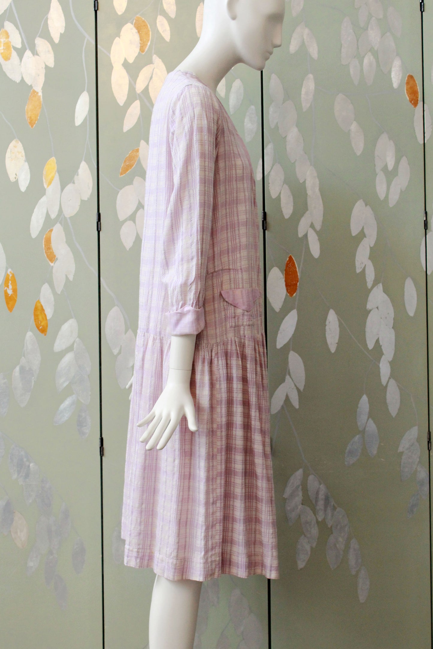 1920s Lavender Check Weave Dress, V -Neck Collar Summer Day Dress, Purple Plaid, Medium As-Is