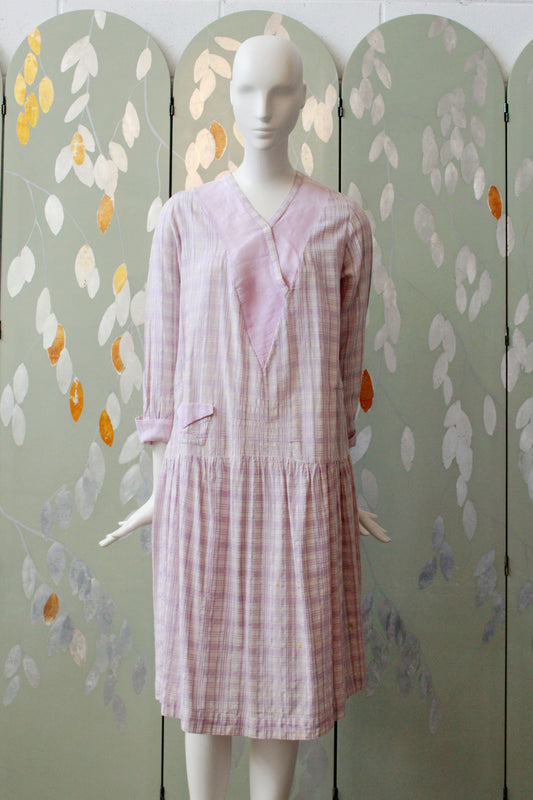 1920s Lavender Check Weave Dress, V neck collar Summer Day Dress, Purple Plaid, Medium As-Is