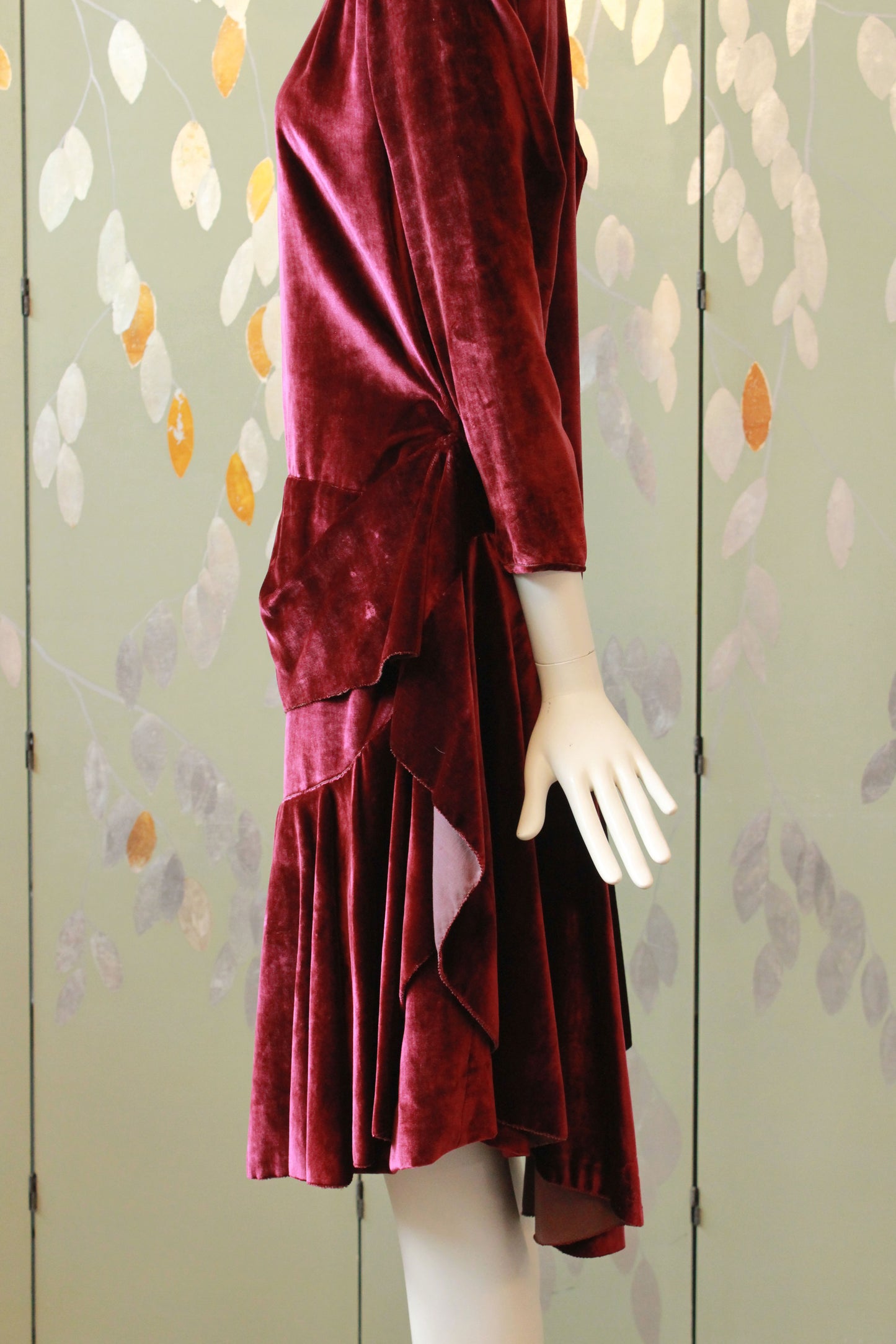 Antique 1920s Burgundy Velvet Dress with Bow and Ruffle, XS, Flapper Winter Dress, Red Wine Dress, Wounded Bird