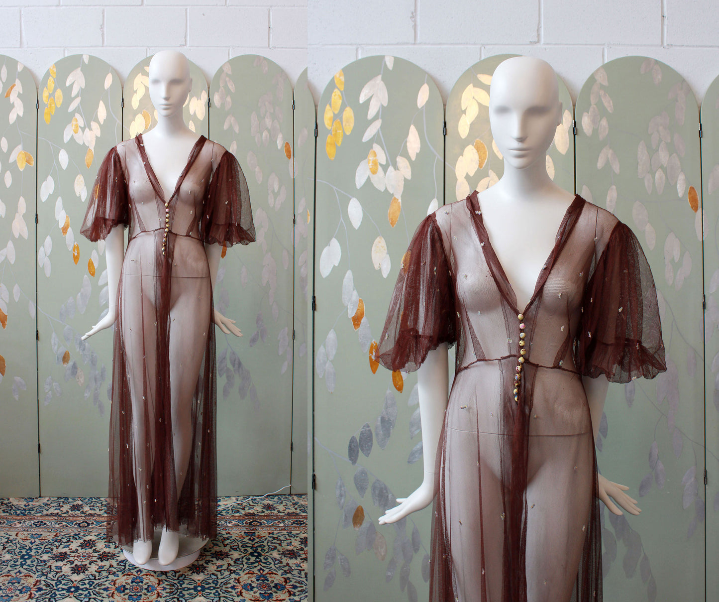 Brown 1930s Sheer Net Duster With Puff Sleeves
