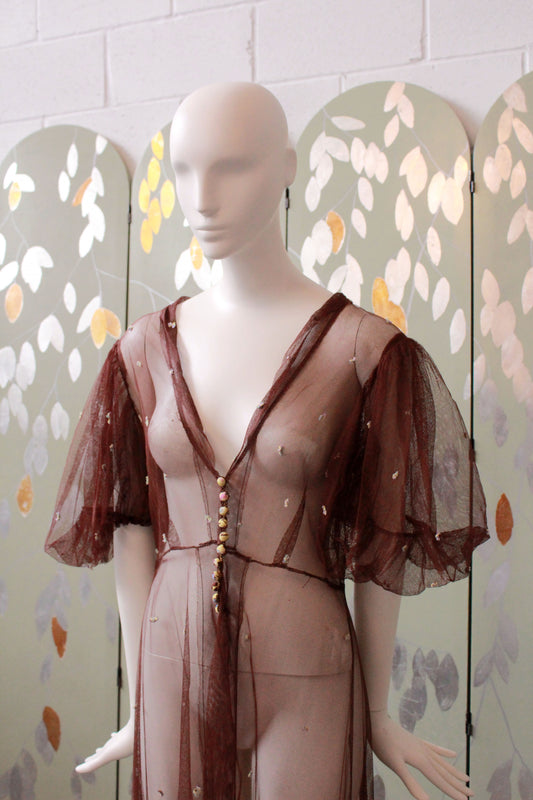 Brown 1930s Sheer Net Duster With Puff Sleeves