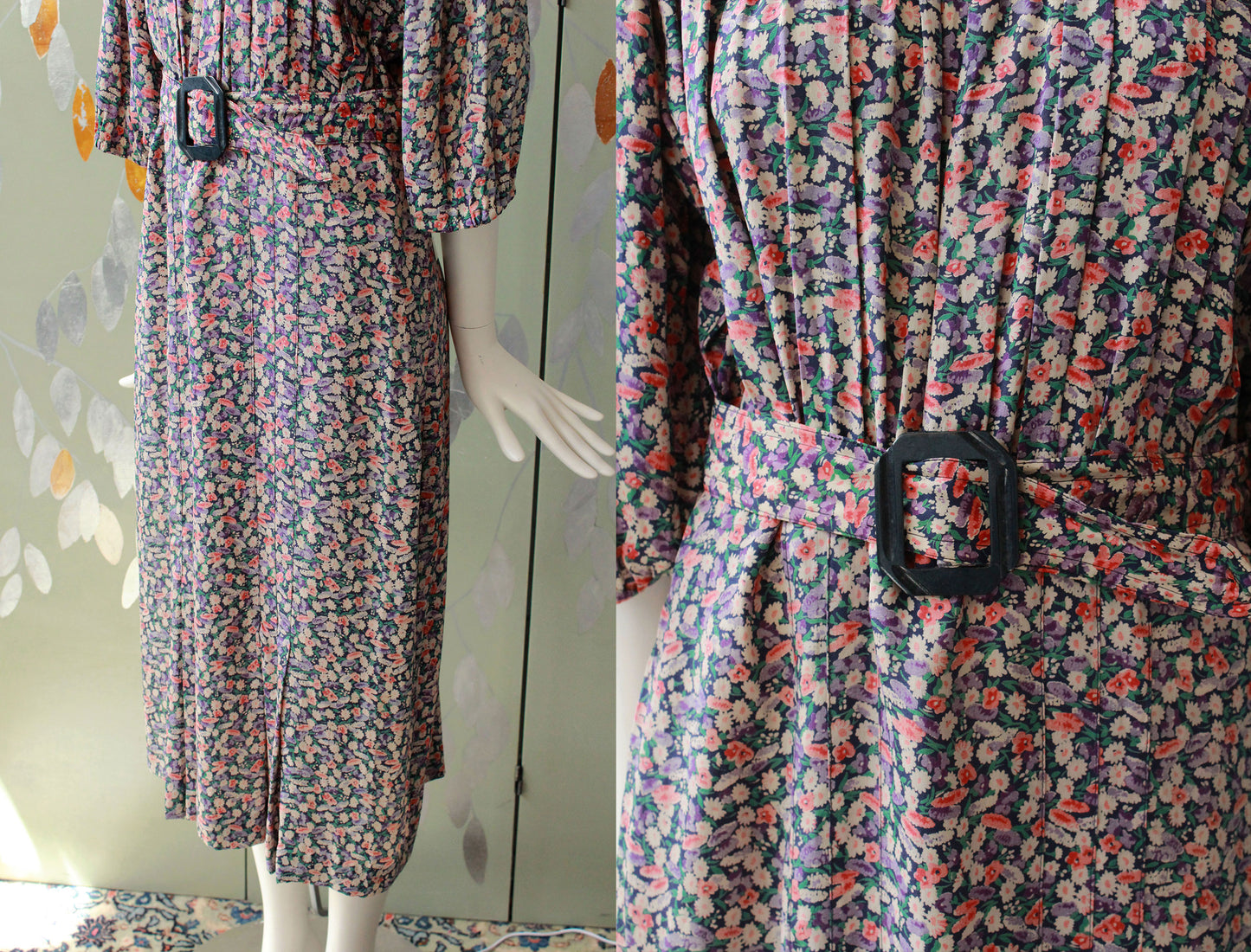 1930s Floral Day Dress with Peter Pan Collar and Matching Celluloid Belt, Size Large, Wounded Bird
