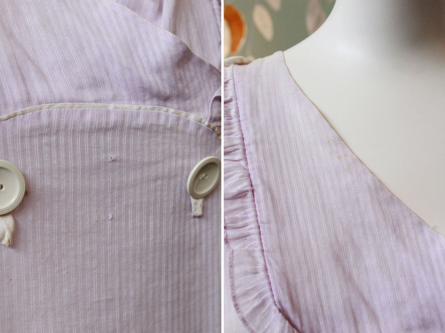 1930s Lavender Pinstripe Day Dress, Collared Summer Ruffle Dress, Bust 40, AS IS
