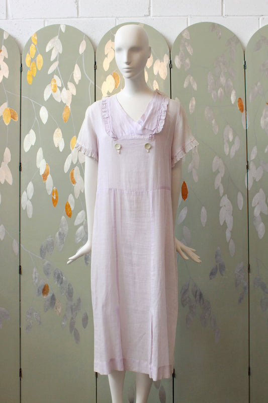 1930s Lavender Pinstripe Day Dress, Collared Summer Ruffle Dress, Bust 40, AS IS