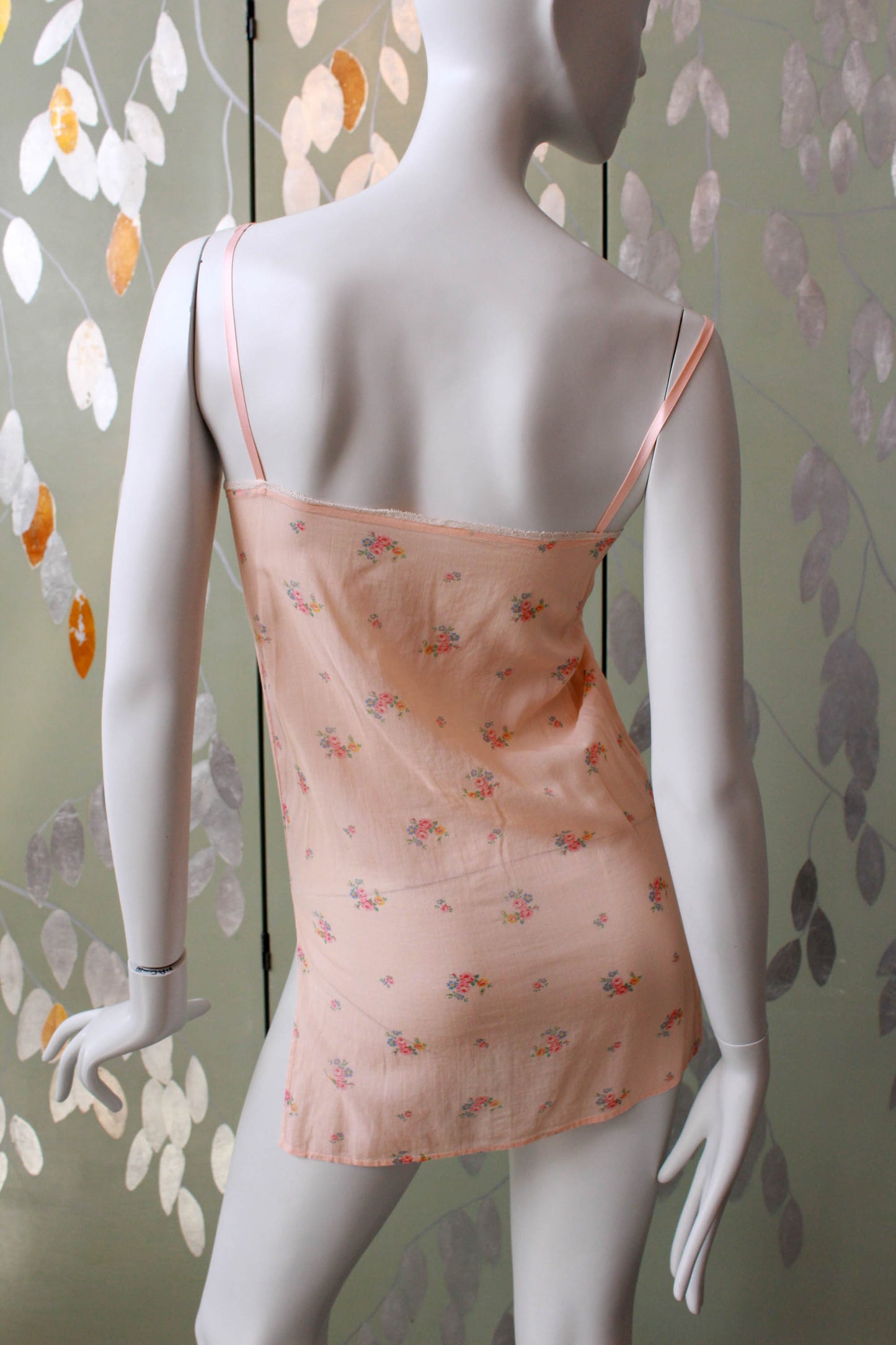 1930s pink floral print cotton camisole slip, silk ribbon spaghetti straps, delicate flower pattern in blue pink yellow and green, high split on side antique lingerie