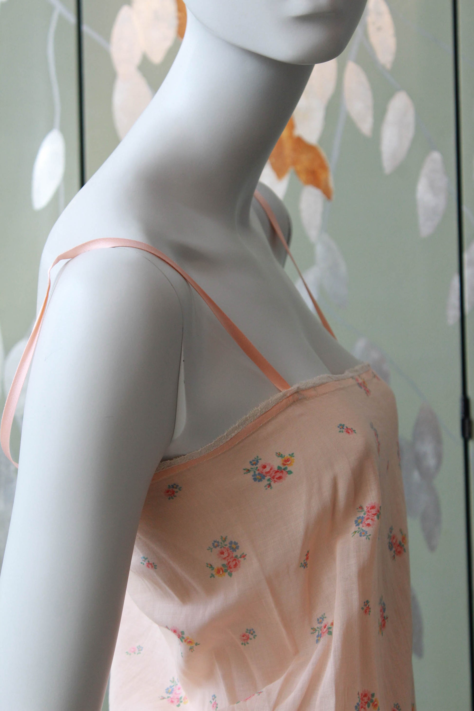 1930s pink floral print cotton camisole slip, silk ribbon spaghetti straps, delicate flower pattern in blue pink yellow and green, high split on side antique lingerie