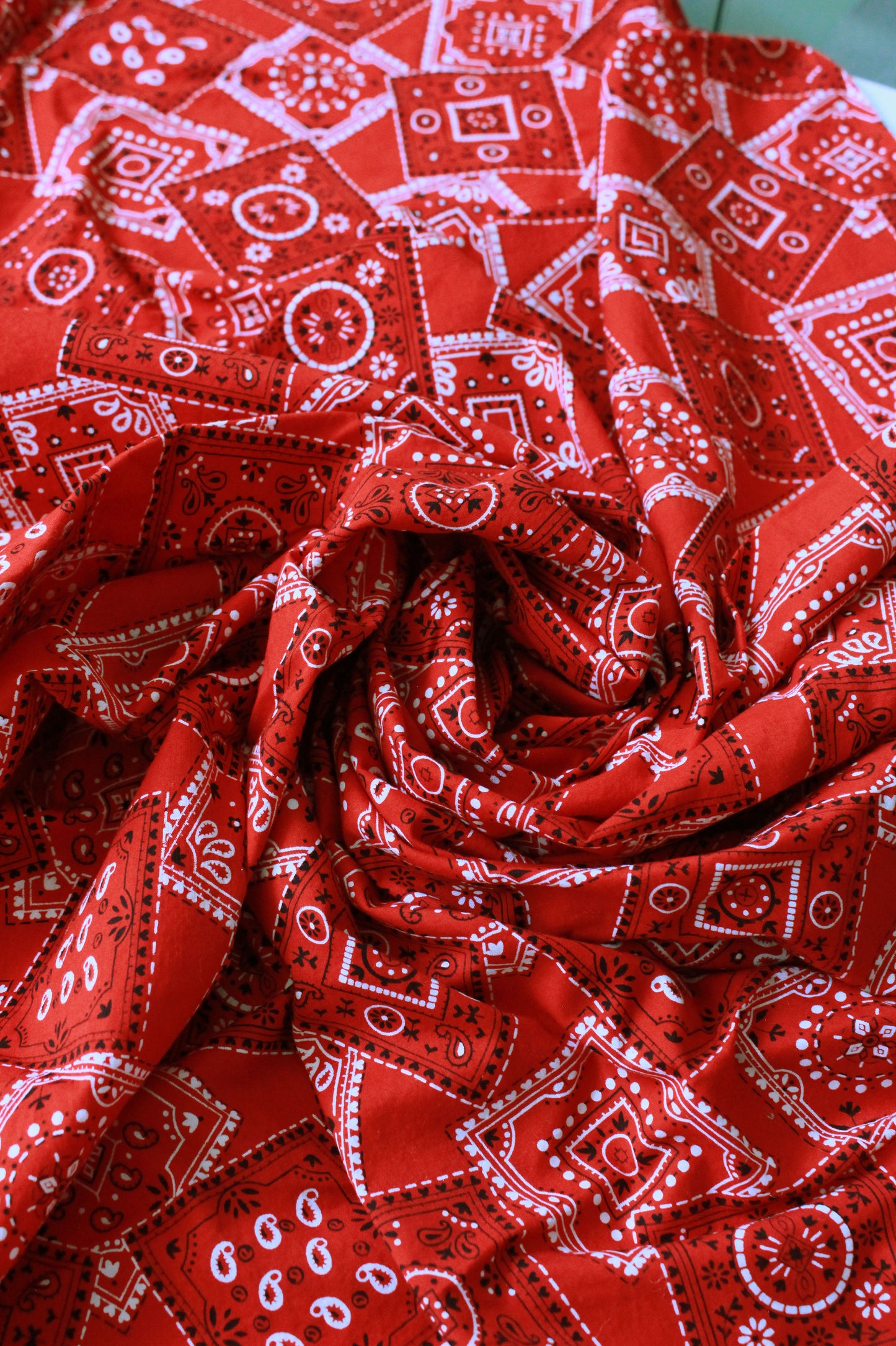 Vintage 1950s Bandana Print Fabric, Red And White Vintage Sewing Fabric, 2.8 Yards