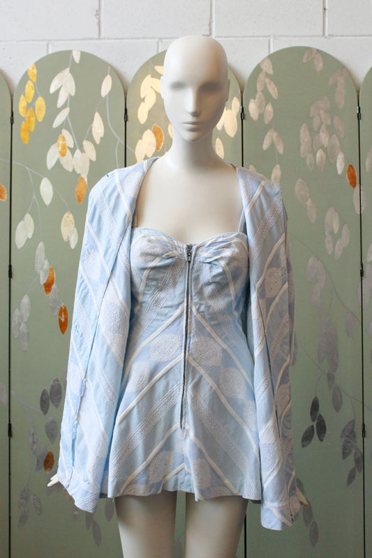 Vintage 1950s Bathing Suit and Matching Beach Cover Up, Vintage Summer, Light Blue, Size Small