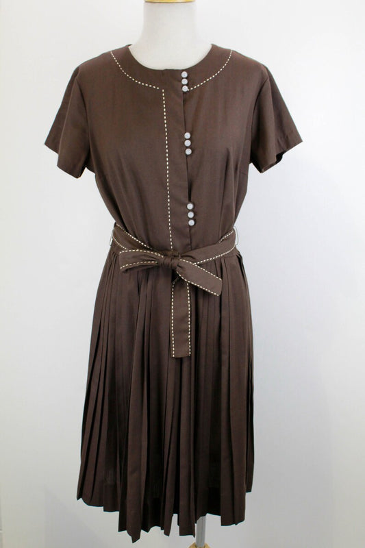 1950s brown cotton shirtwaist dress with contrast stitching, belt, button up front and pleated skirt
