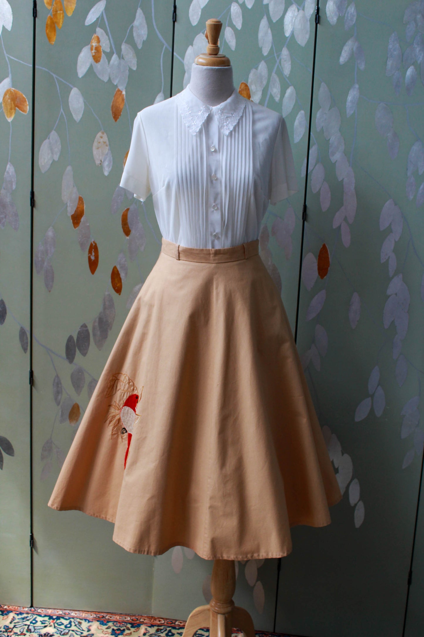 1970s 50s style circle skirt with parrot applique, high waisted, cotton resort skirt Made in France by Catherine I for Philippe Salvet St Tropez Nice