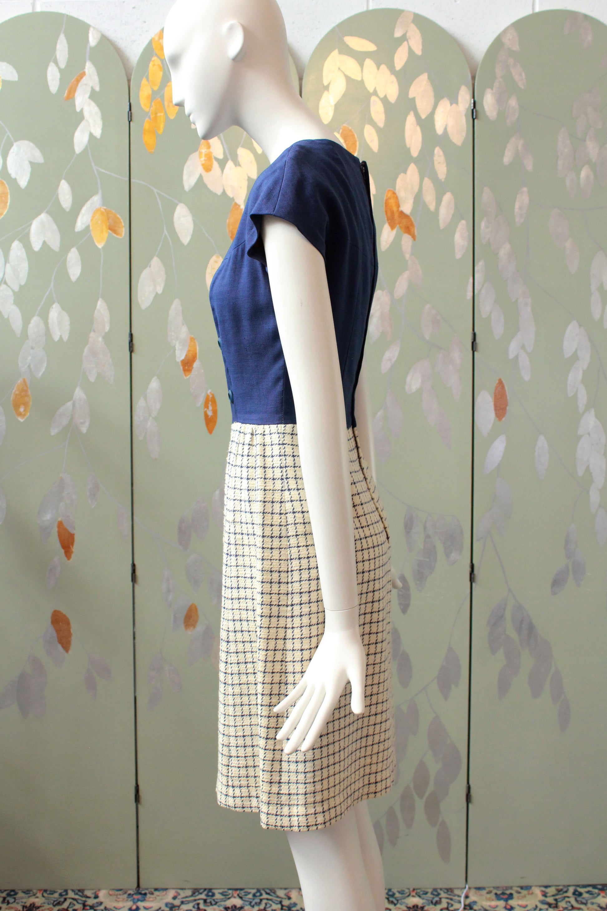 Vintage 1960s Dress Set, Blue and Cream Checkered Plaid Jacket and Dress, XS