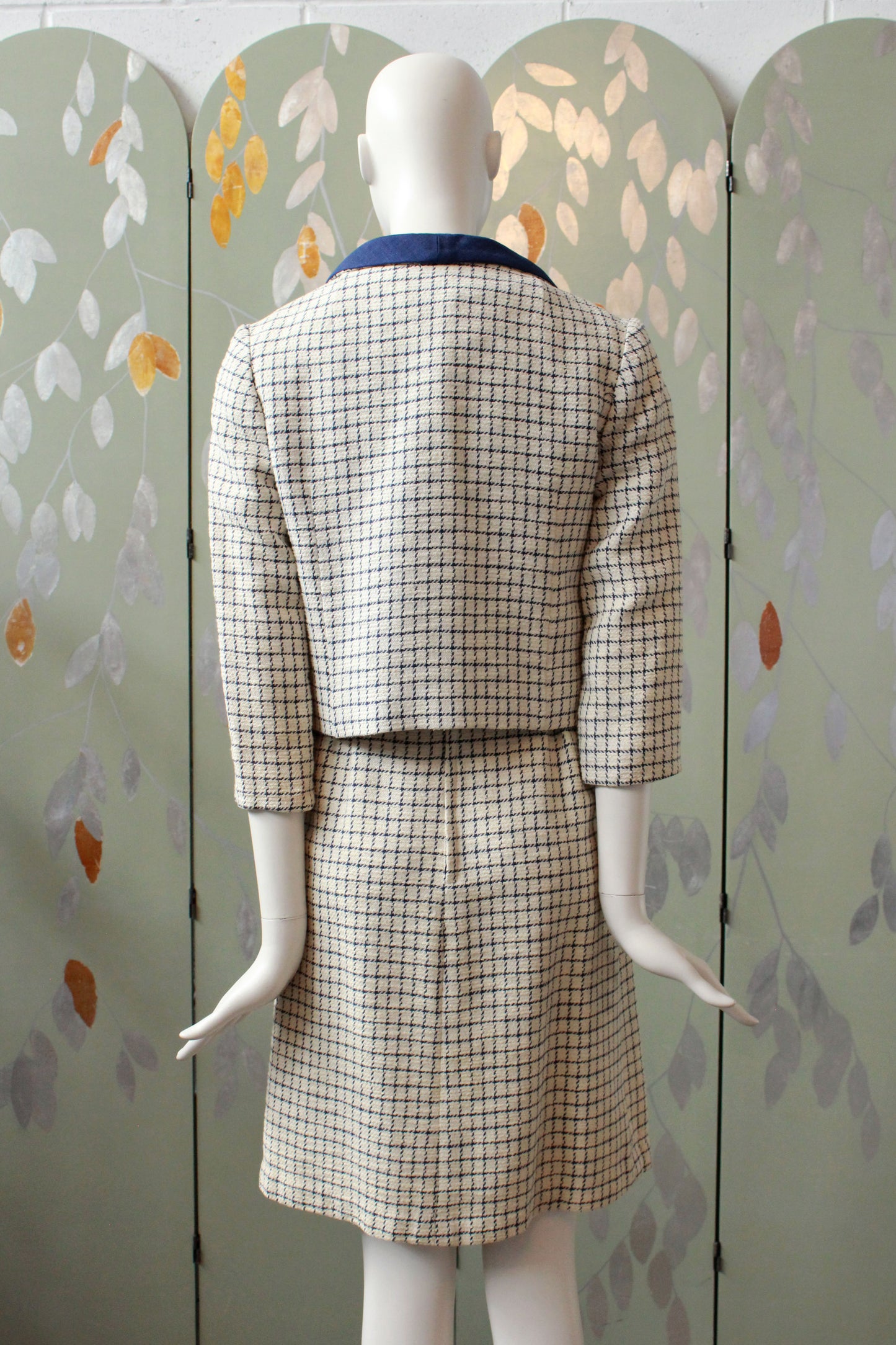 Vintage 1960s Dress Set, Blue and Cream Checkered Plaid Jacket and Dress, XS