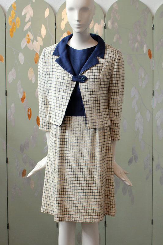 Vintage 1960s Dress Set, Blue and Cream Checkered Plaid Jacket and Dress, XS