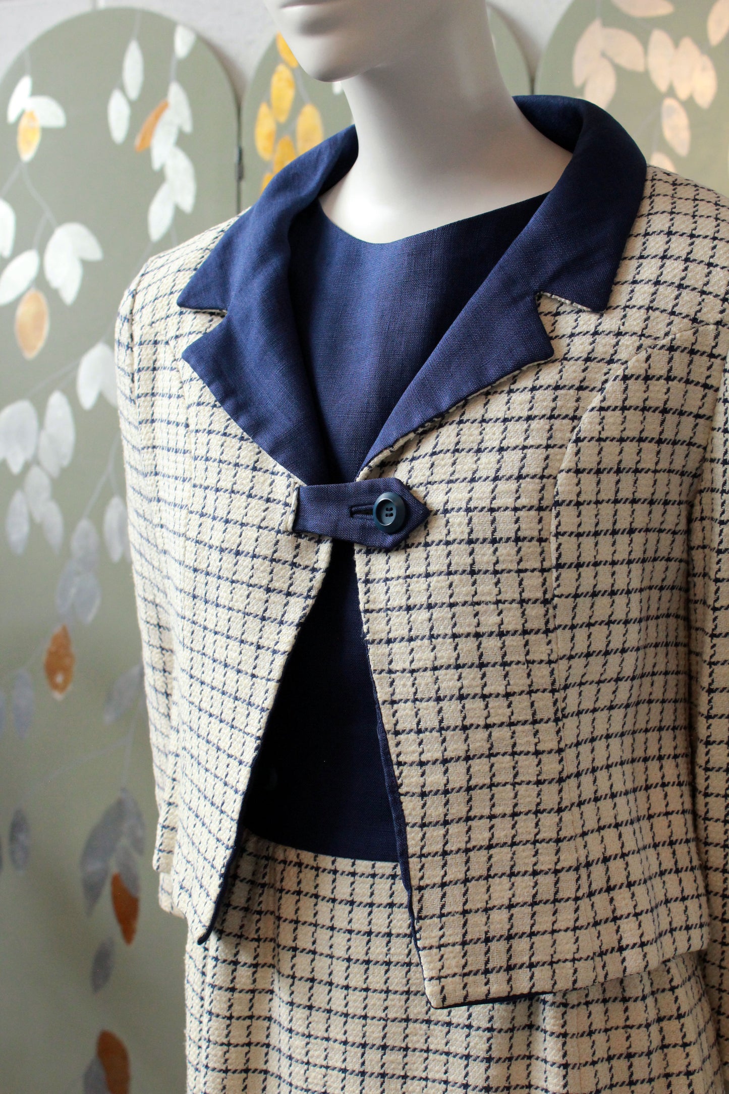 Vintage 1960s Dress Set, Blue and Cream Checkered Plaid Jacket and Dress, XS