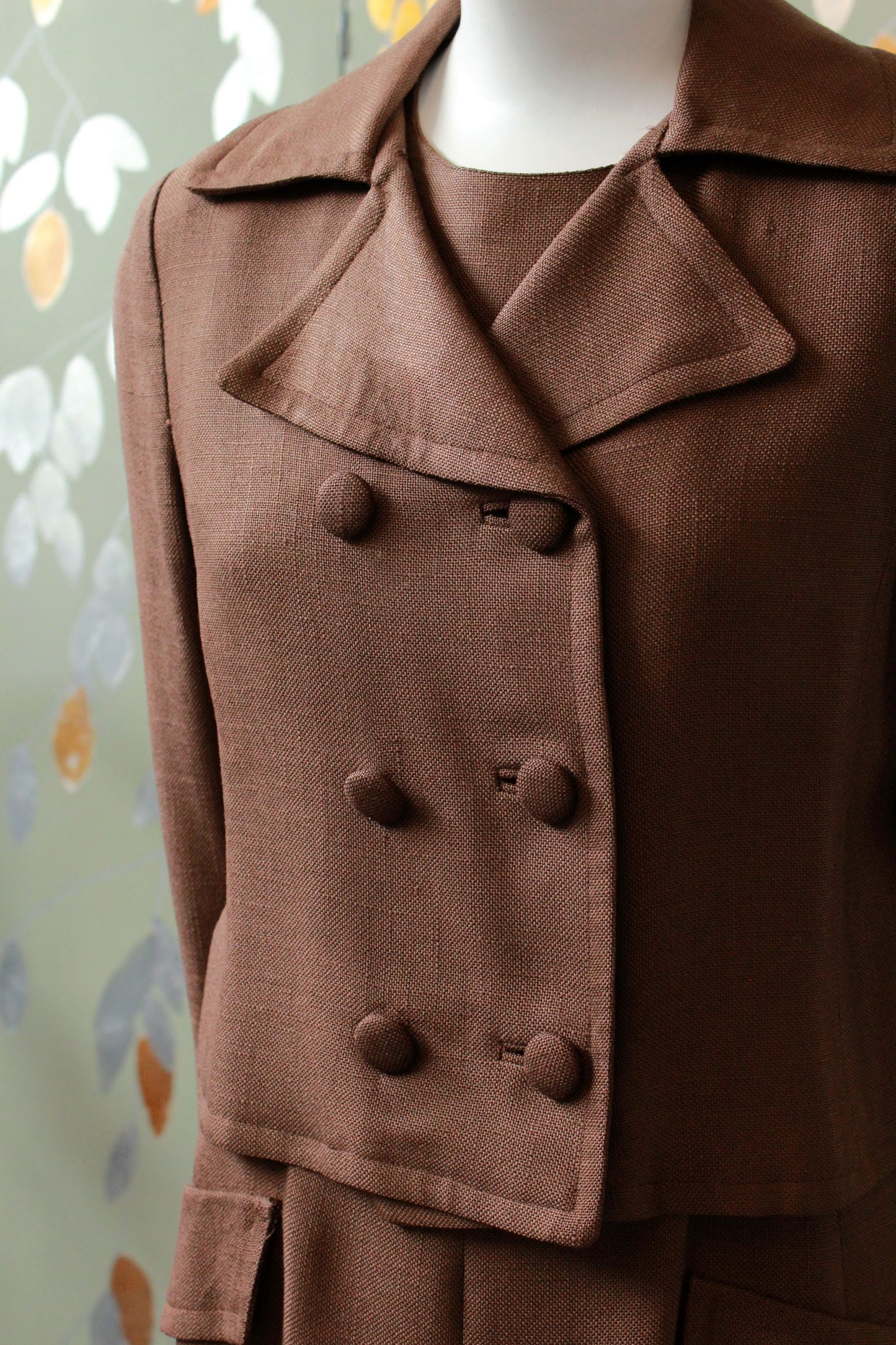 Vintage 1960s Brown Dress Set With Weighted Jacket, XS