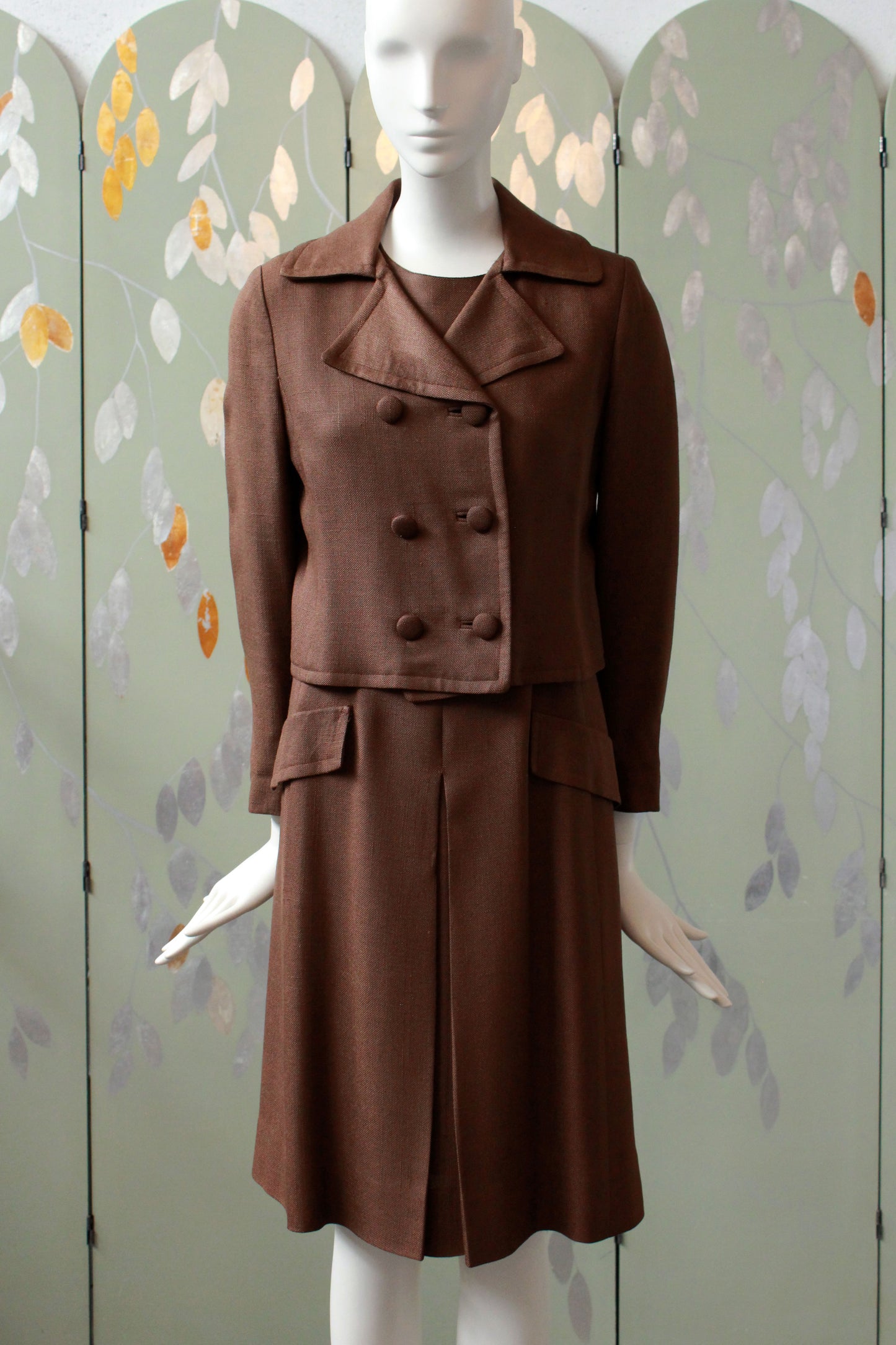 Vintage 1960s Brown Dress Set With Weighted Jacket, XS