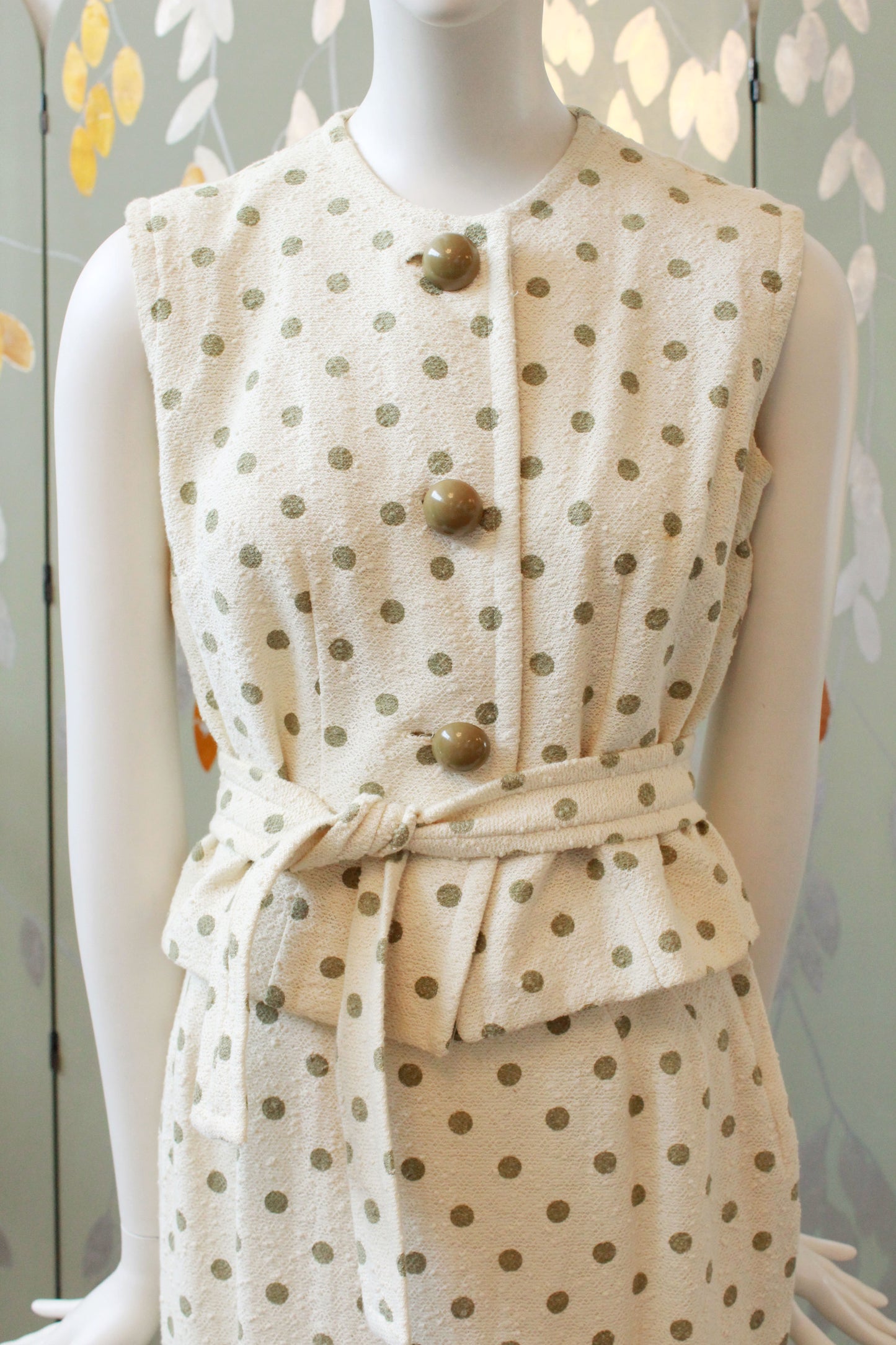 Vintage 1960s Polka Dot Matching Set With Belt, Green Polka Dot Vintage Summer Set, Retro Summer, XS