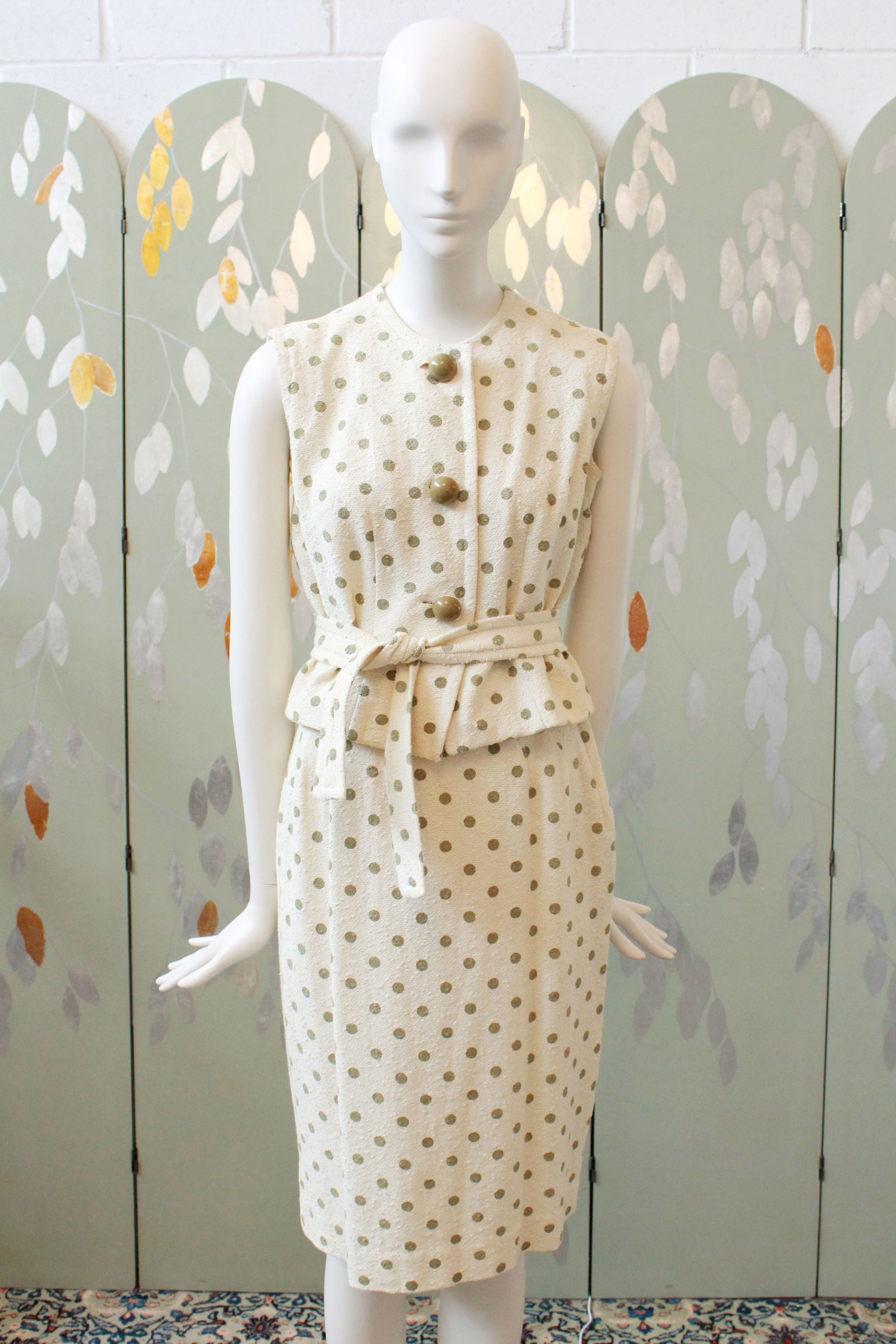 Vintage 1960s Polka Dot Matching Set With Belt, Green Polka Dot Vintage Summer Set, Retro Summer, XS