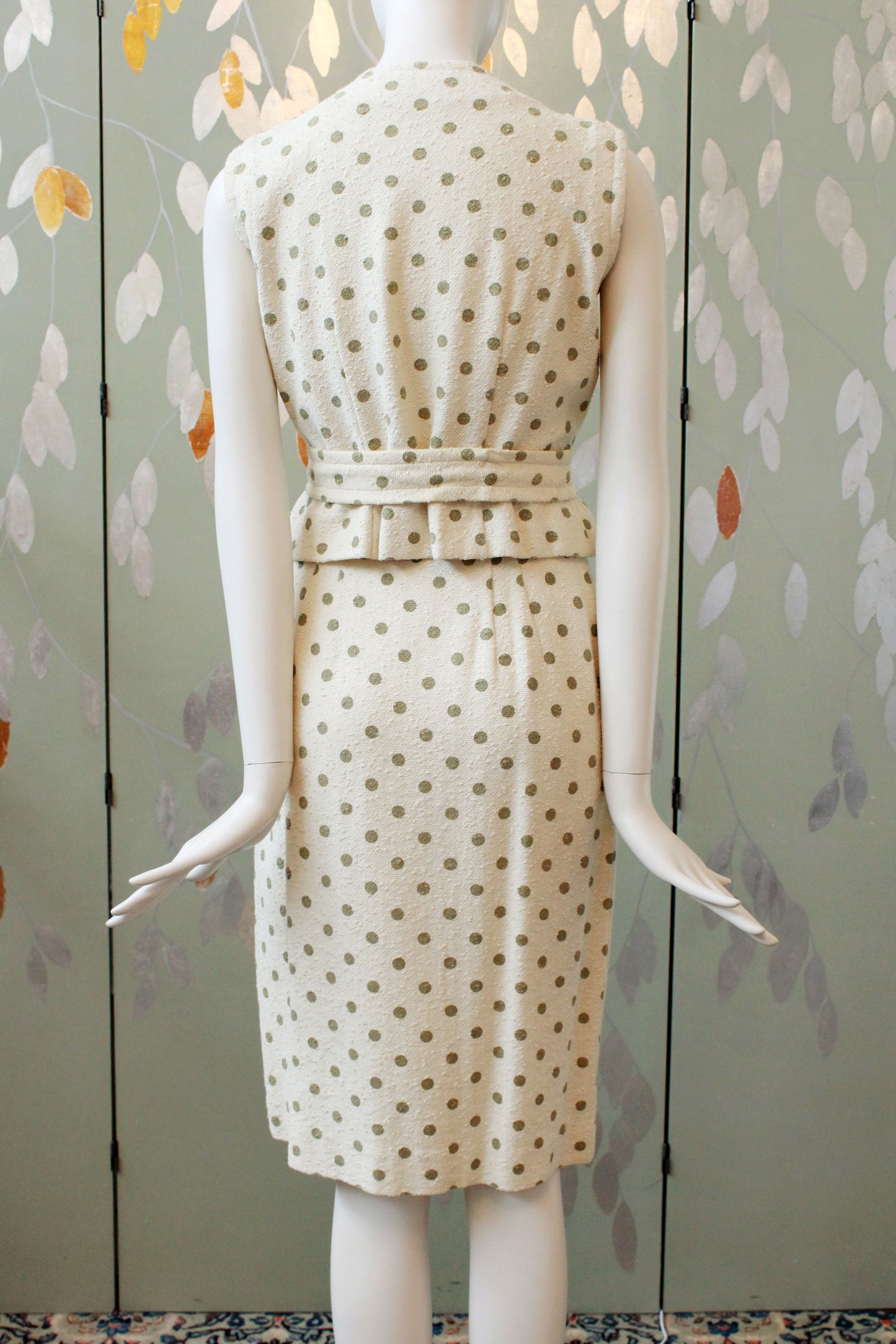 Vintage 1960s Polka Dot Matching Set With Belt, Green Polka Dot Vintage Summer Set, Retro Summer, XS