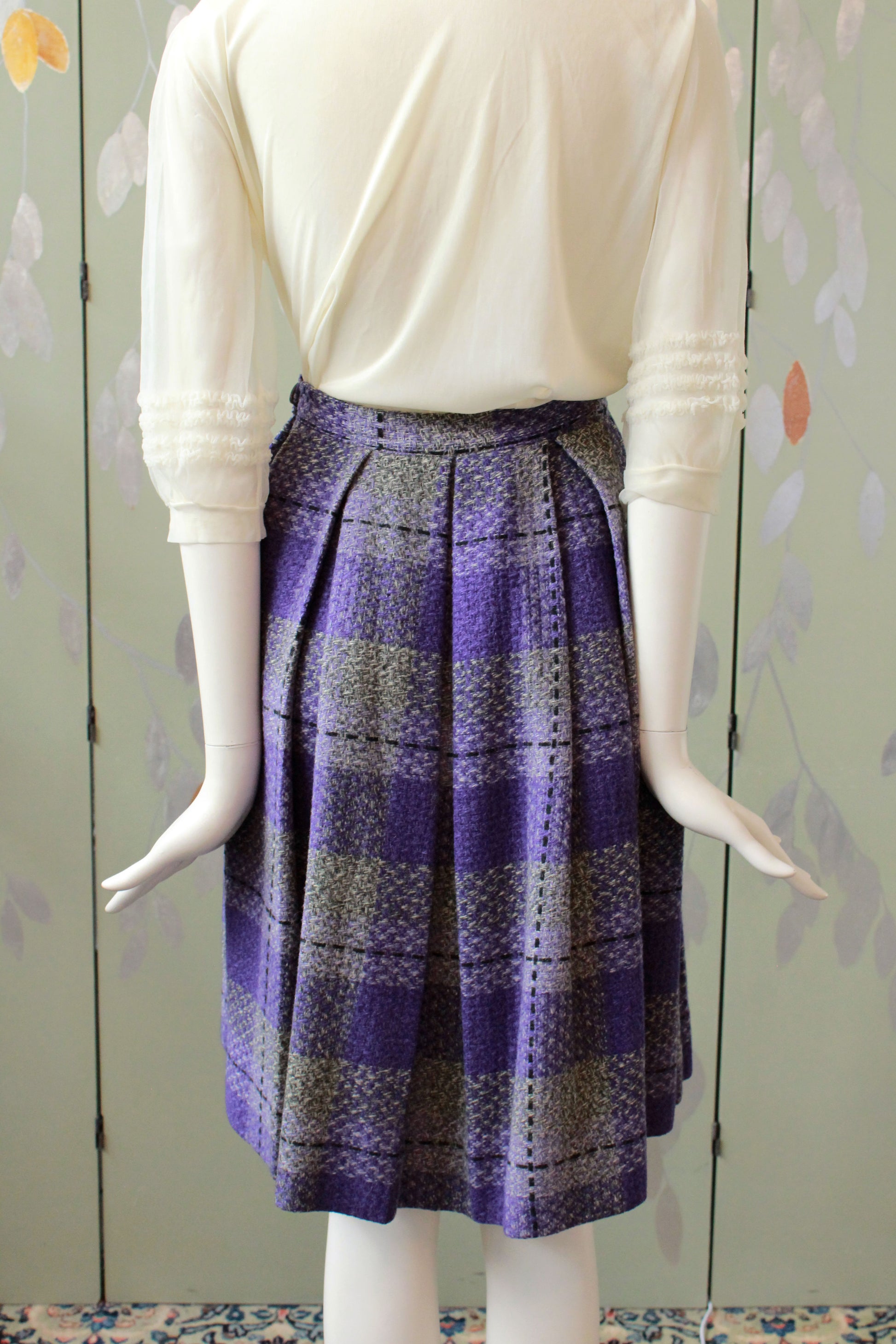 Vintage 1960s Purple And Grey Wool Pleated Skirt, Waist 24