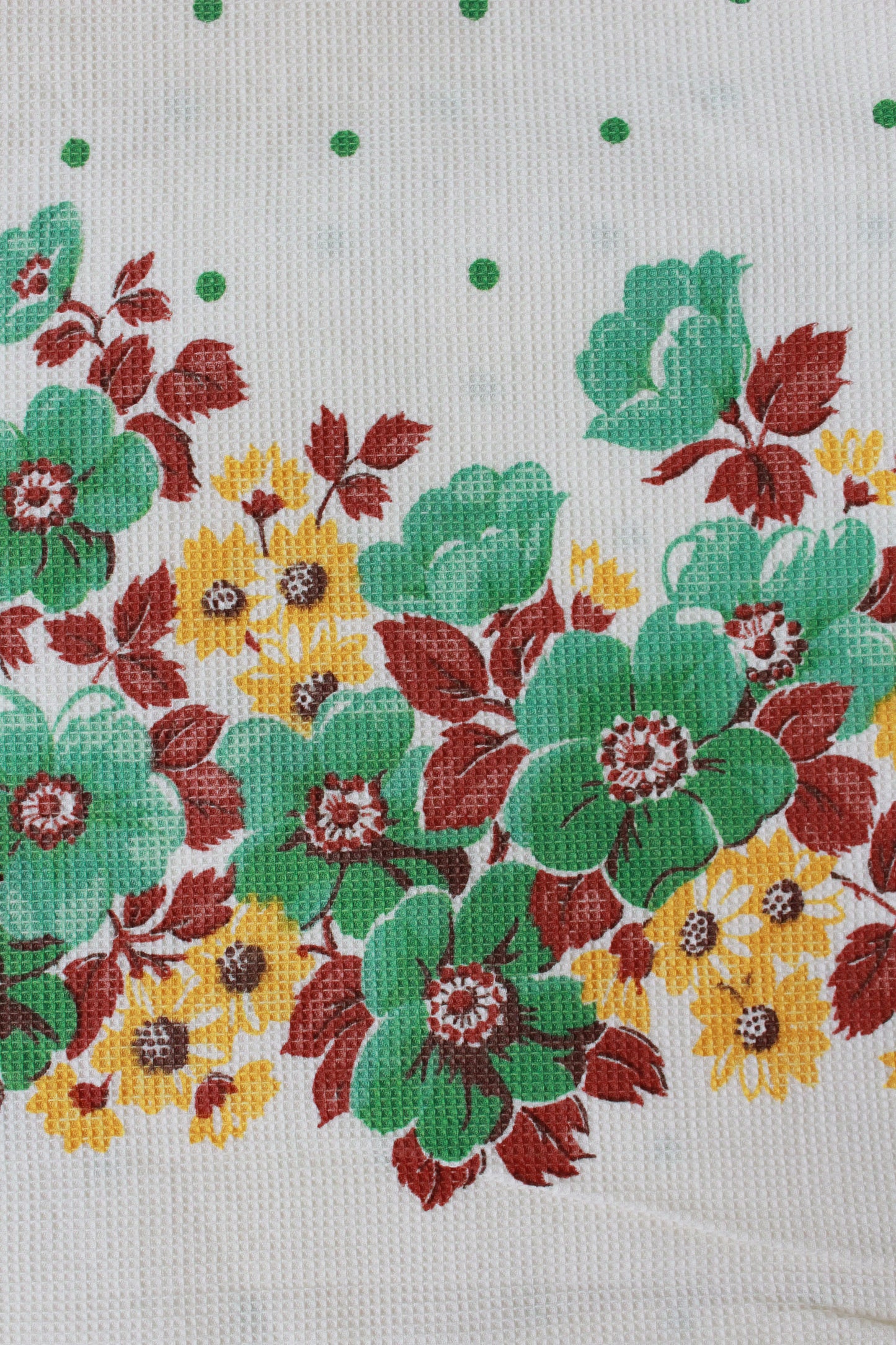 Vintage 1970s Border Print, Green/Yellow/Brown Flowers And Green Polka Dots,  2.9 Yards