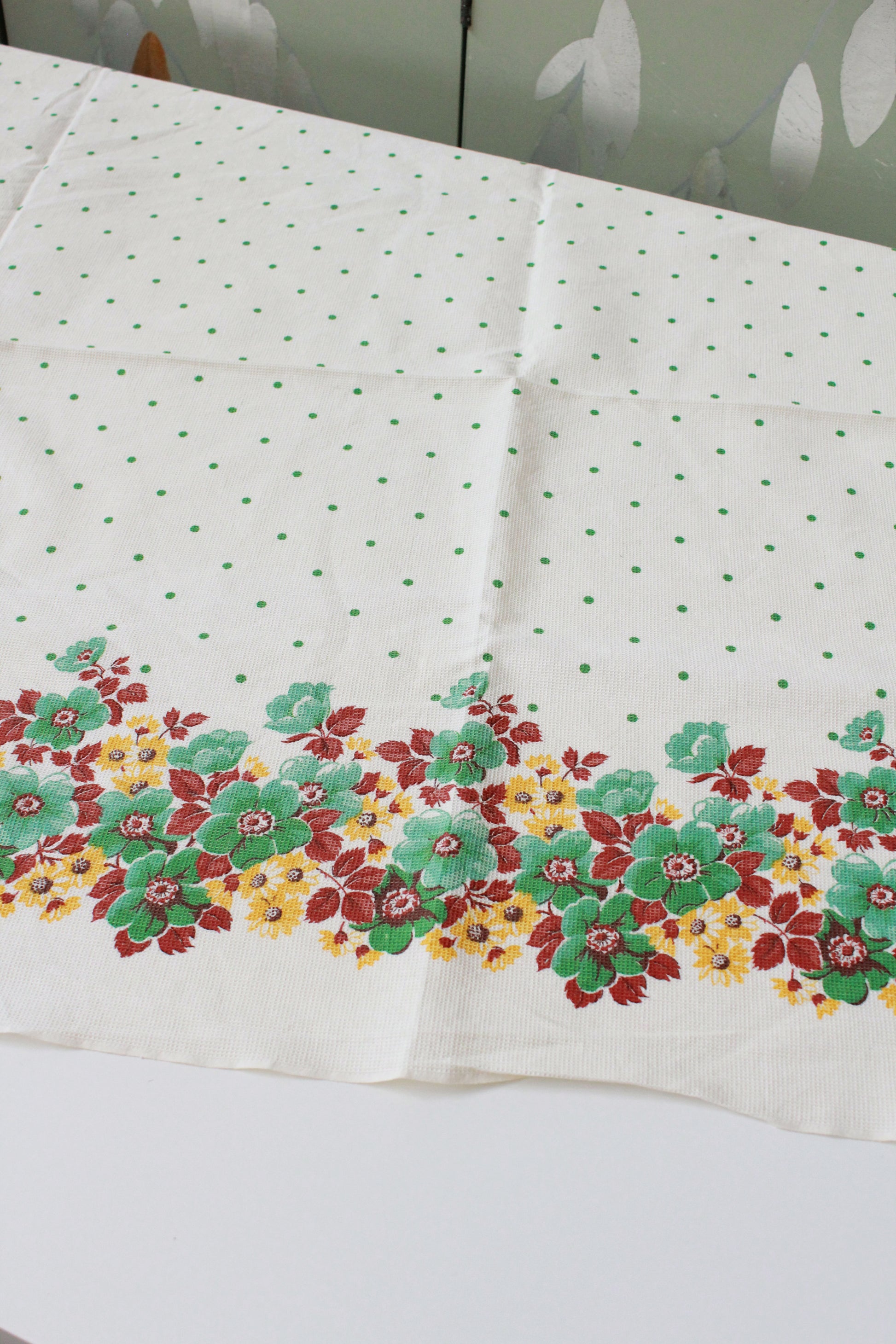 Vintage 1970s Border Print, Green/Yellow/Brown Flowers And Green Polka Dots,  2.9 Yards