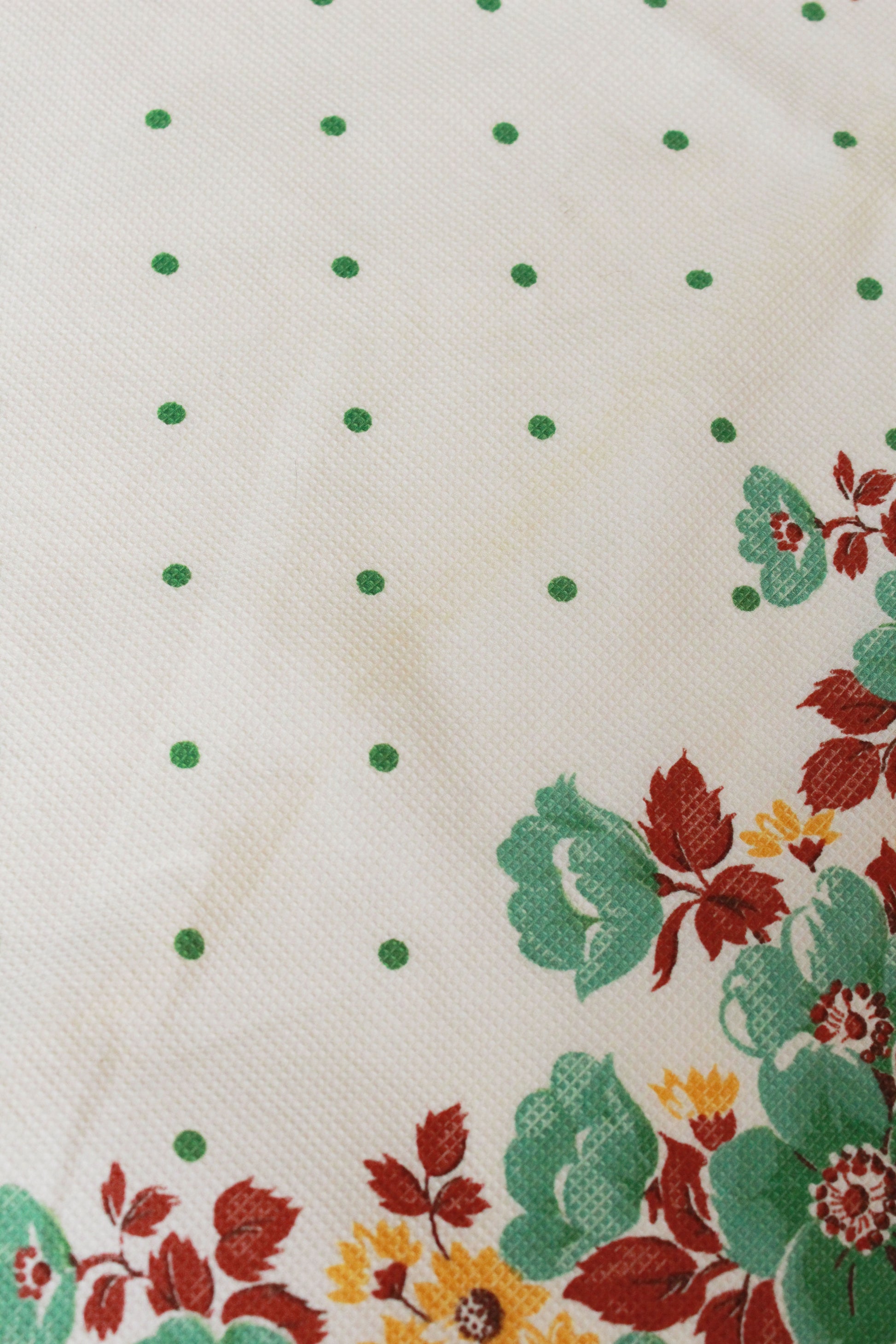 Vintage 1970s Border Print, Green/Yellow/Brown Flowers And Green Polka Dots,  2.9 Yards