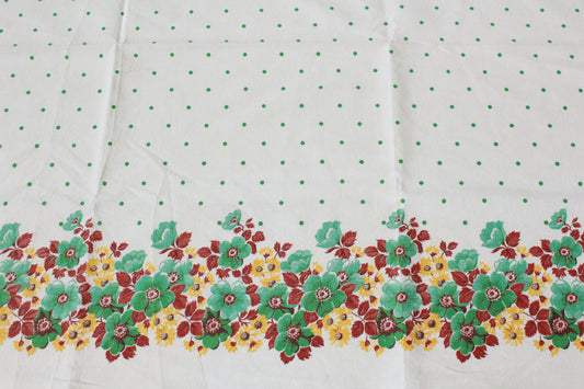 Vintage 1970s Border Print, Green/Yellow/Brown Flowers And Green Polka Dots,  2.9 Yards