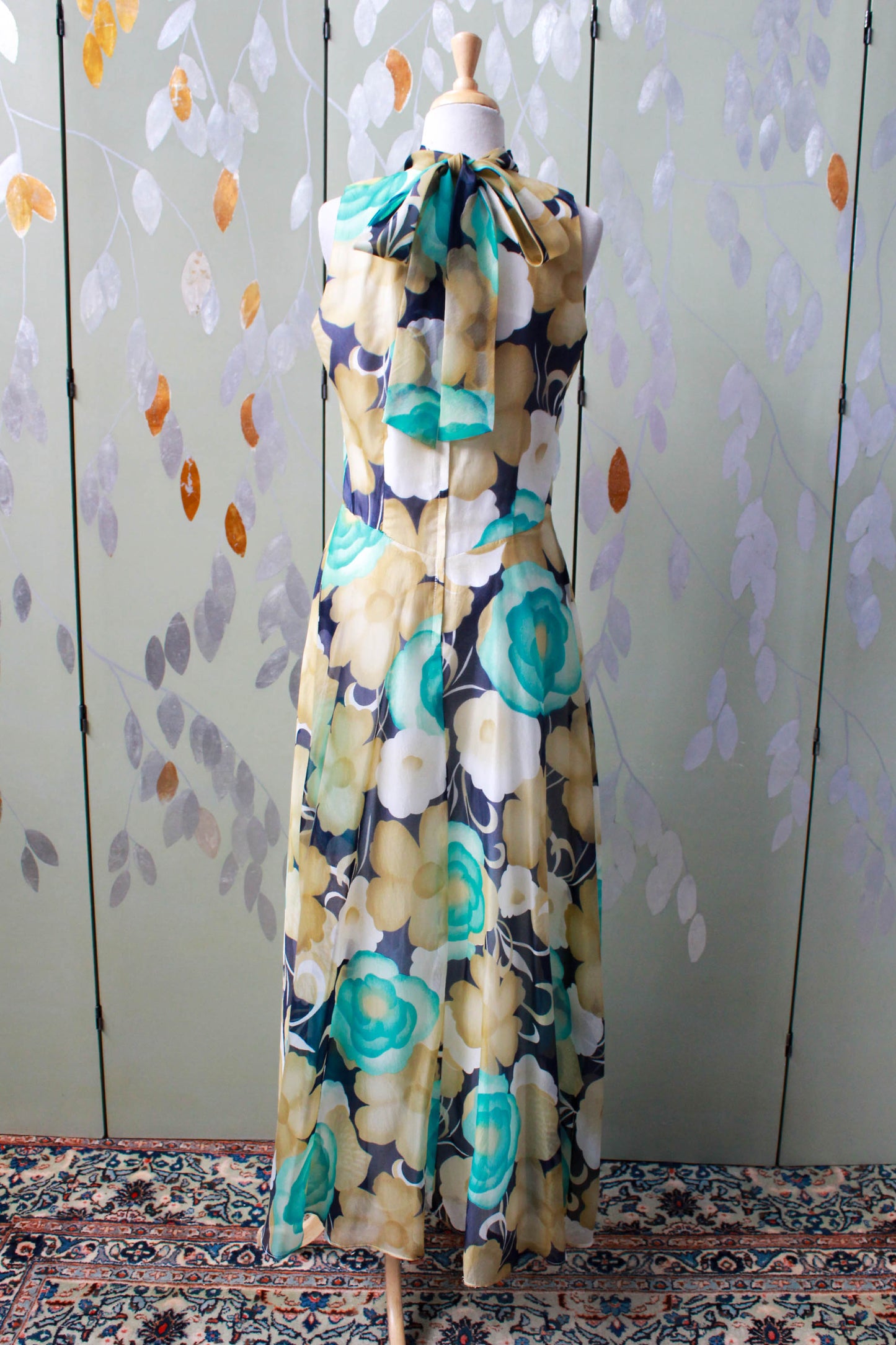 1970s Blue Floral Print Maxi Dress, Medium